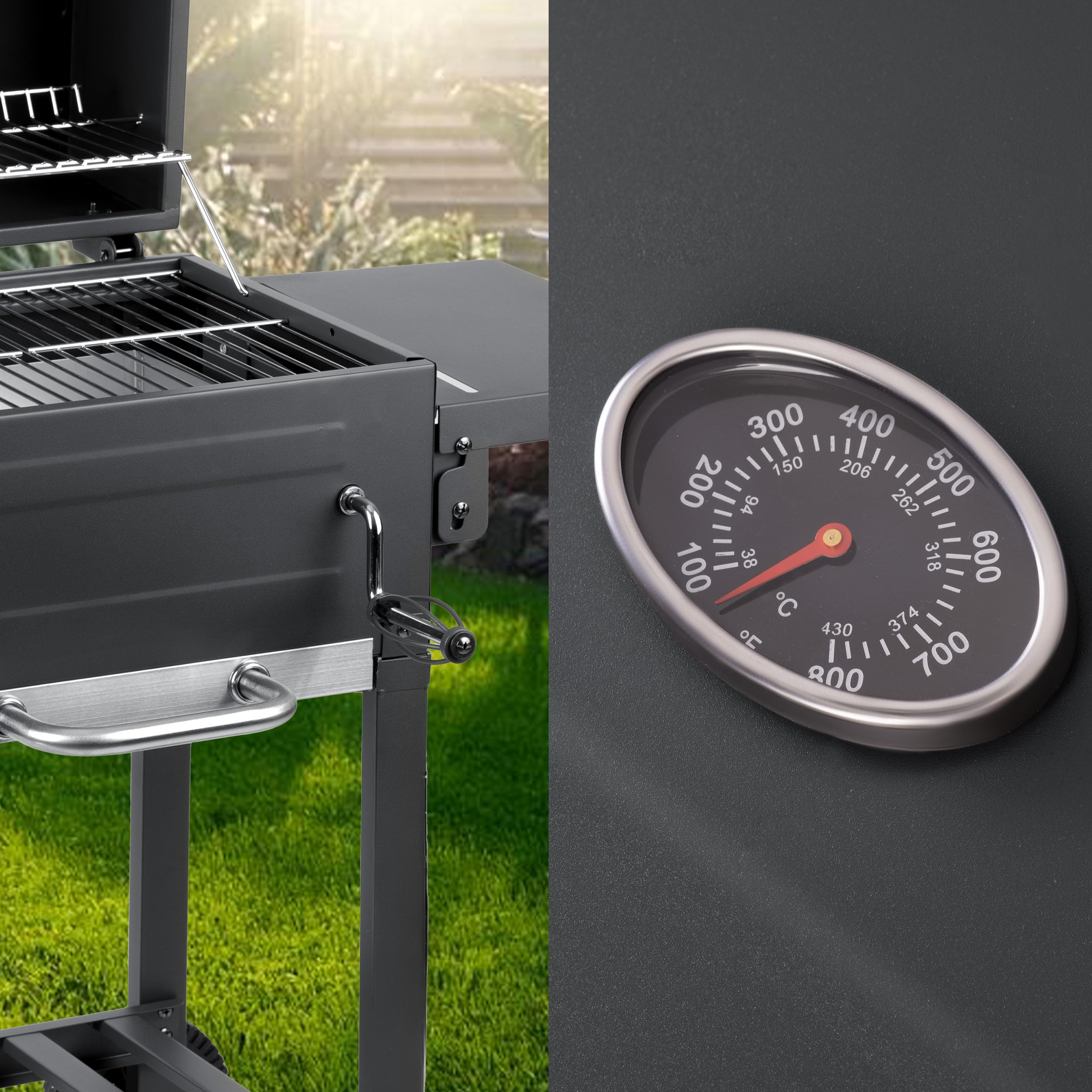 Berdsen BBQChef - Barbecue a carbonella con camino e griglia in ghisa, 40 x 31,5 cm, vassoio per carbone, termometro, portacenere e ripiano, griglia su ruote, antracite