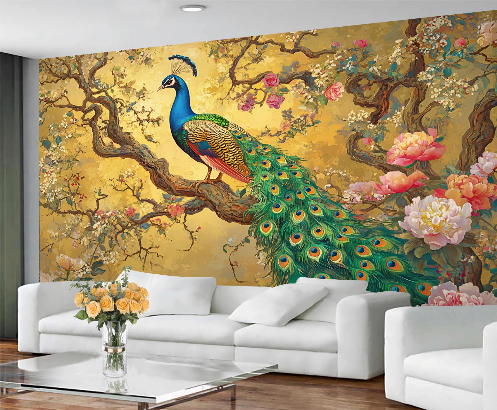 GIVLWF Retro Peacock Wallpaper, Peacock Feather Peel and Stick Wallpaper for Bedroom, Gorgeous Animal Wall Paper for Living Room, Vintage Bird Wall Mural, Mysterious Large Mural & Room Decor
