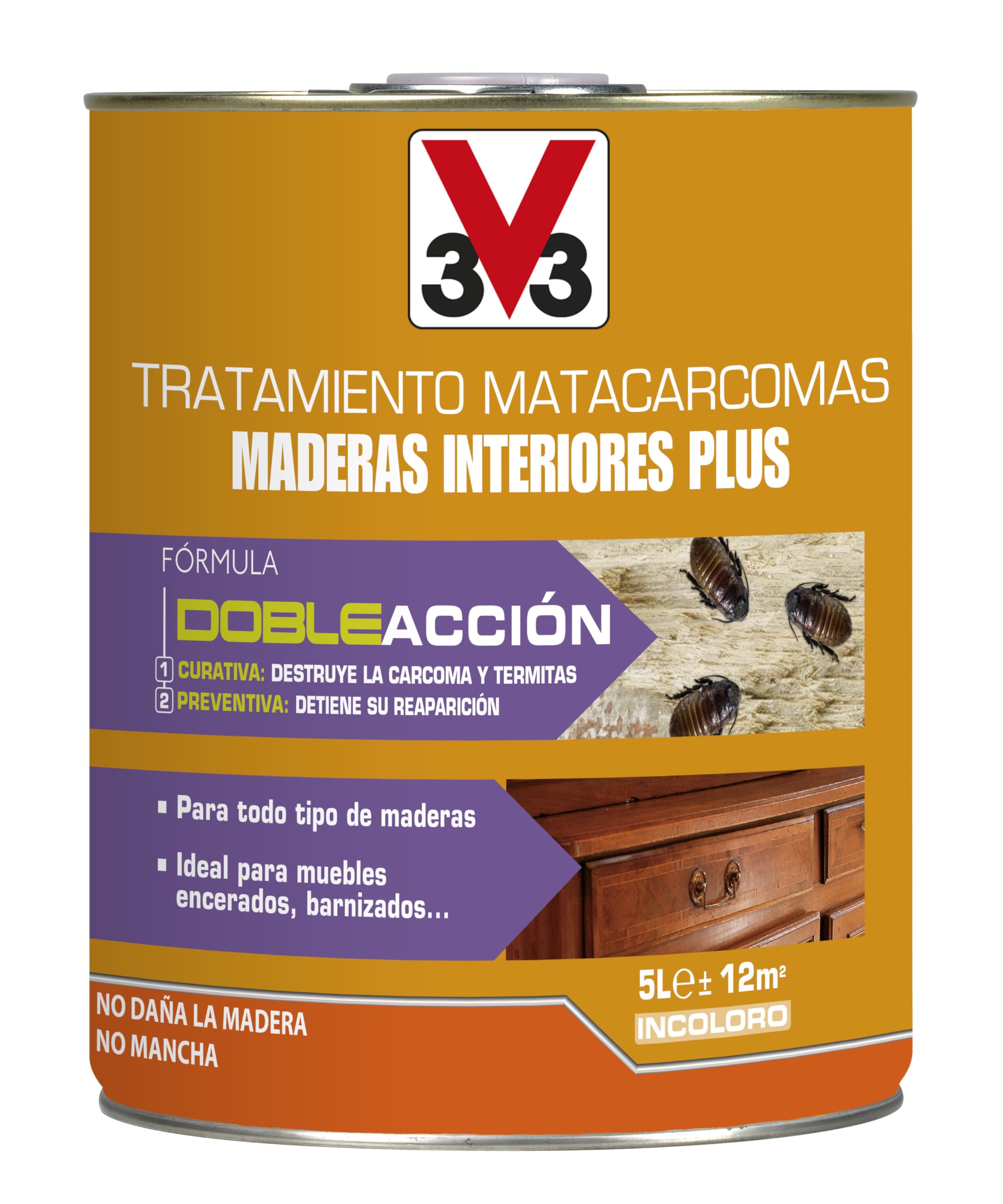 V33 Tratamiento Matacarcomas Maderas Interior Plus, Incoloro, 5 L