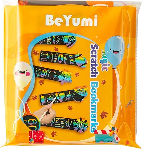 Miniatura 6 de BeYumi 60 marcapáginas de rascar de cosecha de otoño para niños, bricolaje, hoja, otoño, calabaza, pavo, arte mágico, arco iris, kit de manualidades