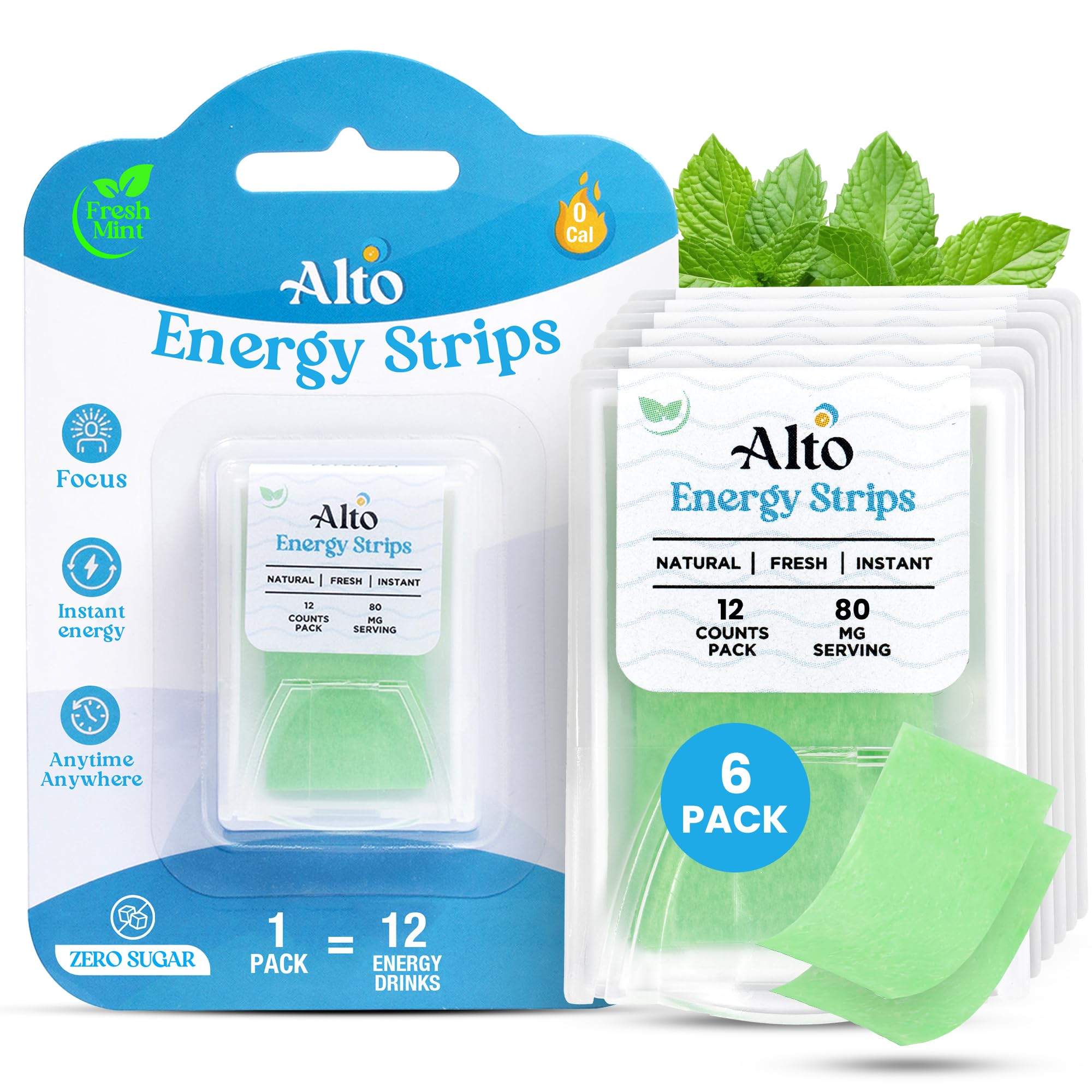 Alto Energy Strips with 80 mg Natural Caffeine per Serving – 10X Faster Absorption | 12 Deliciously Minty Strips ≈ 12 Energy Drinks | Energy and Focus Boost Anytime, Anywhere – 6 Pack