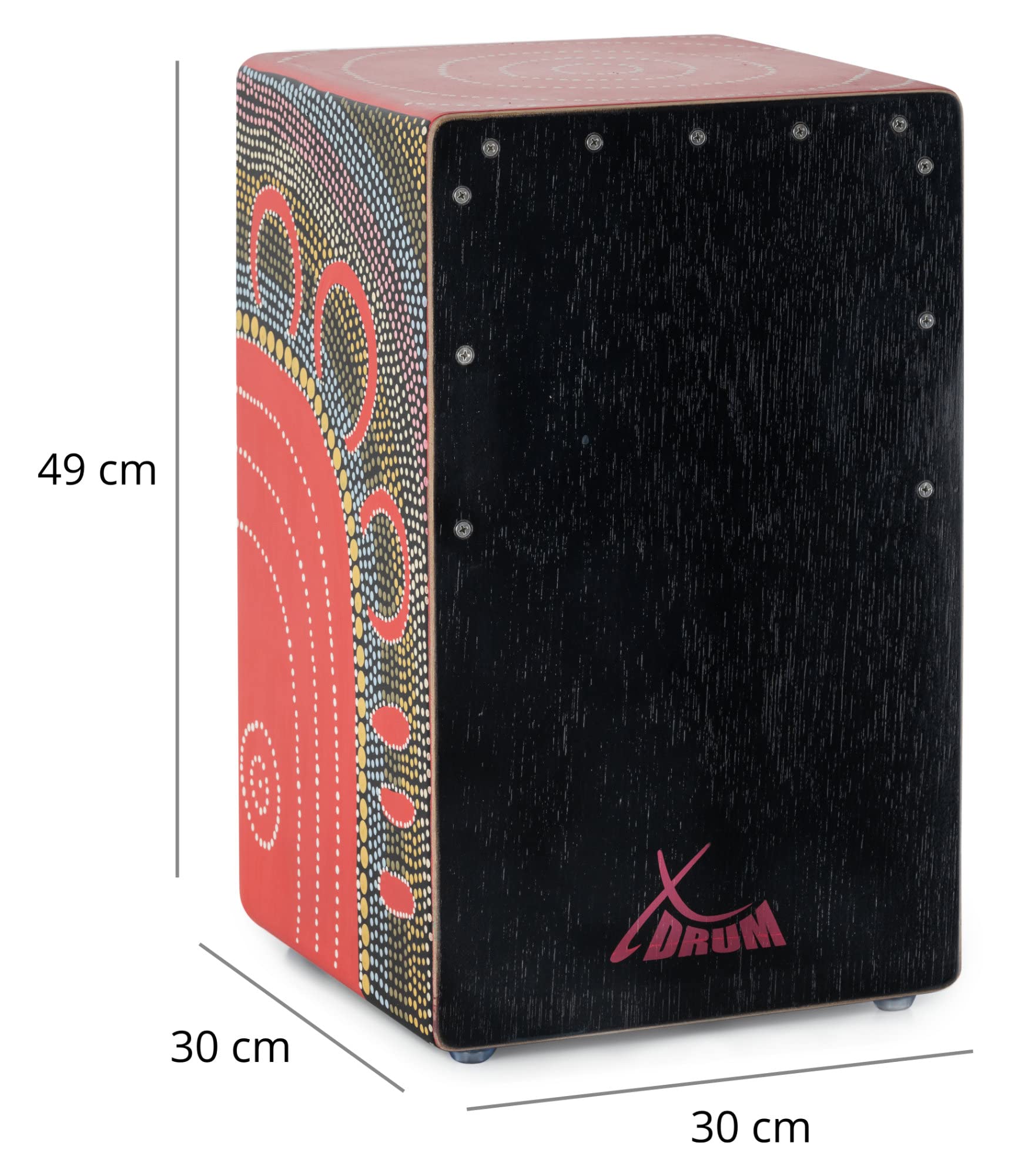 XDrum Design Series Cajon “Flower” - Handbemalte Designer-Cajon mit Dot Art-Blumen - Integrierter Bass Port - Korpus aus HPL (High Pressure Laminate) - Fest installierter Snare-Teppich
