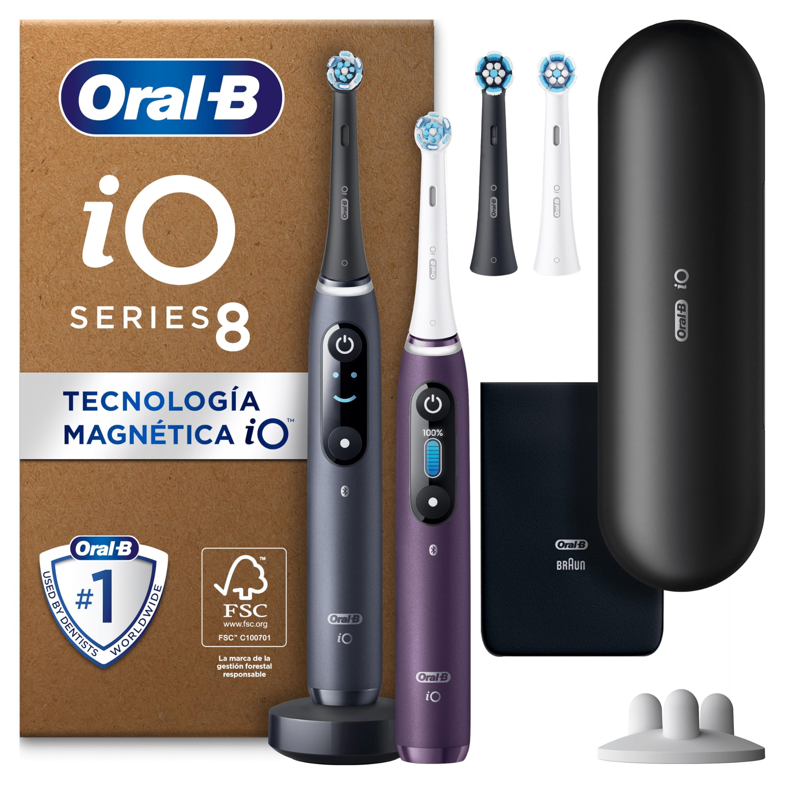 Oral-B iO 8 Cepillos de Dientes Eléctricos (Pack de 2) 2 Mangos Recargables, TecnologÃa Magnética, Pantalla Color, 4 Cabezales, Funda De Viaje, Regalos Originales para Mujer y Hombre, Negro y Violeta