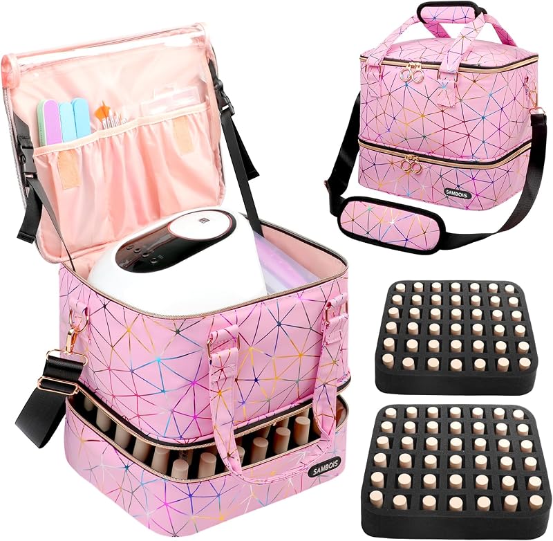 Estojo de viagem Sambois para esmaltes, capacidade para 84 frascos, com compartimentos, alça de ombro e suporte para mala, rosa