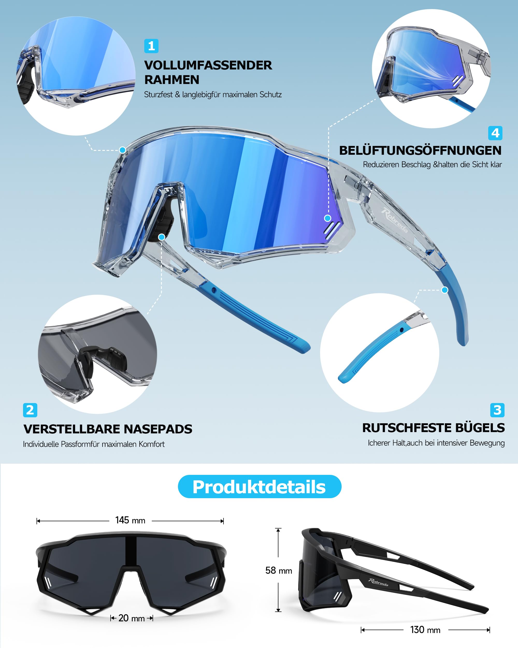 Schnelle Brille Herren, [34G TR-90 Ultraleicht] Fahrradbrille Herren Damen, UV400 Schutz Sportbrille, Voller Rahmenschutz, Verstellbare Nasenpads & Bügel, rennrad brille