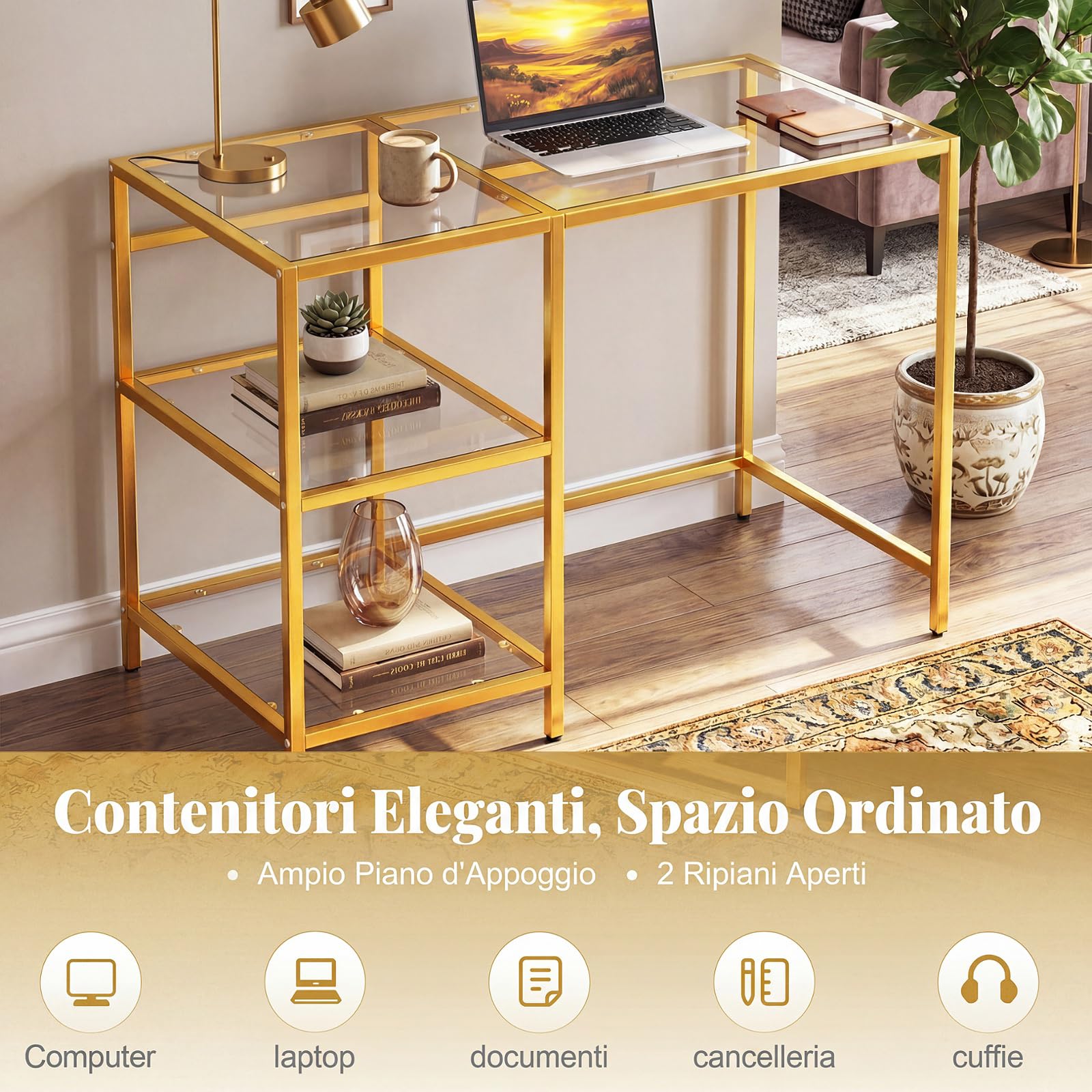 SOARS Scrivania in Vetro Temperato 106 x 51 x 77 cm, Oro | Tavolo PC Multifunzionale Salvaspazio con 2 Ripiani, Consolle Trucco Moderna per Camera da Letto, Studio, Ufficio e Soggiorno