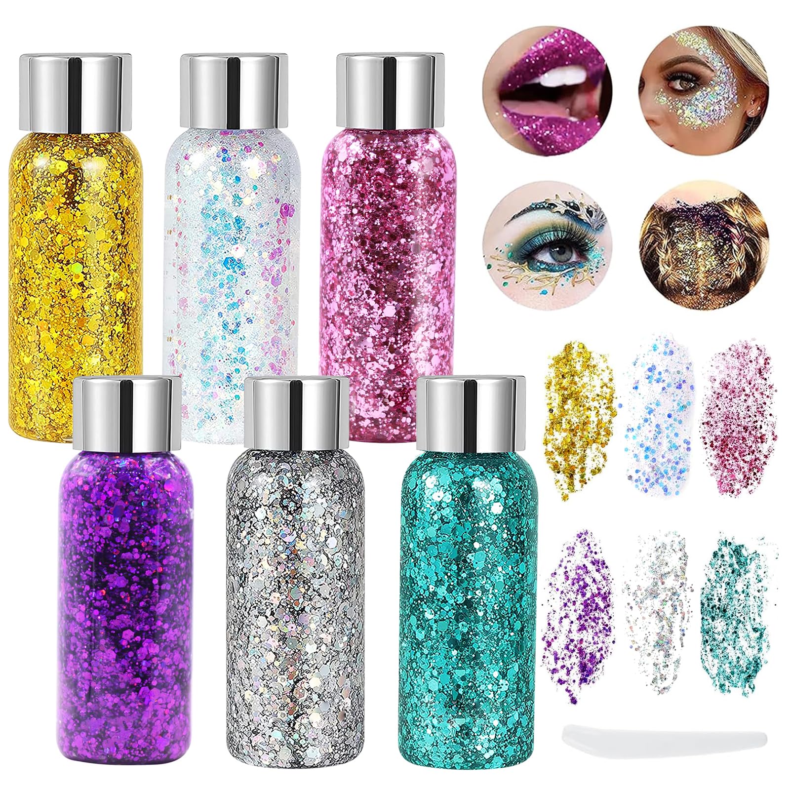 Gel Glitter Corpo 6 Flaconi, Impermeabile per Festival Festa | Oro, Argento, Bianco, Rosa, Verde e Viola, 35 ml per flacone, adatto per festival, carnevale ed eventi