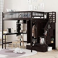 Vista 26 de Cama tipo loft de tamaño matrimonial con escritorio en forma de U, 1 armario y 2 cajones, 4 estantes de almacenamiento, marco de cama de madera