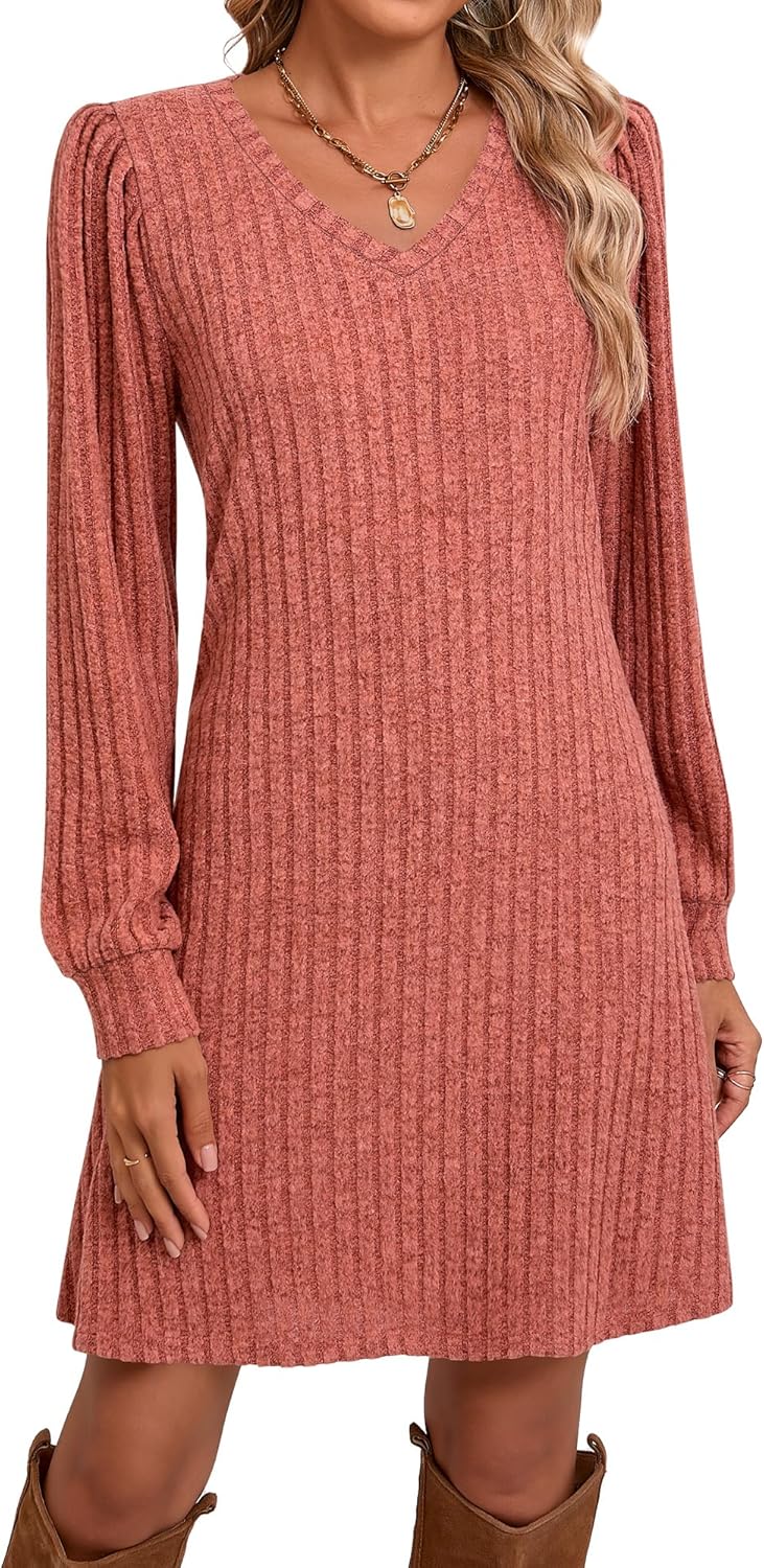 Ficerd Knit Long Sleeve Sweater Dress - V Neck Tunic (Fall)