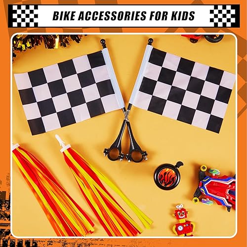 Miniatura 7 de Liliful Juego de 5 accesorios de bicicleta para niños, incluye 2 piezas de borla de bicicleta de llama, campana, 2 banderas a cuadros en blanco y