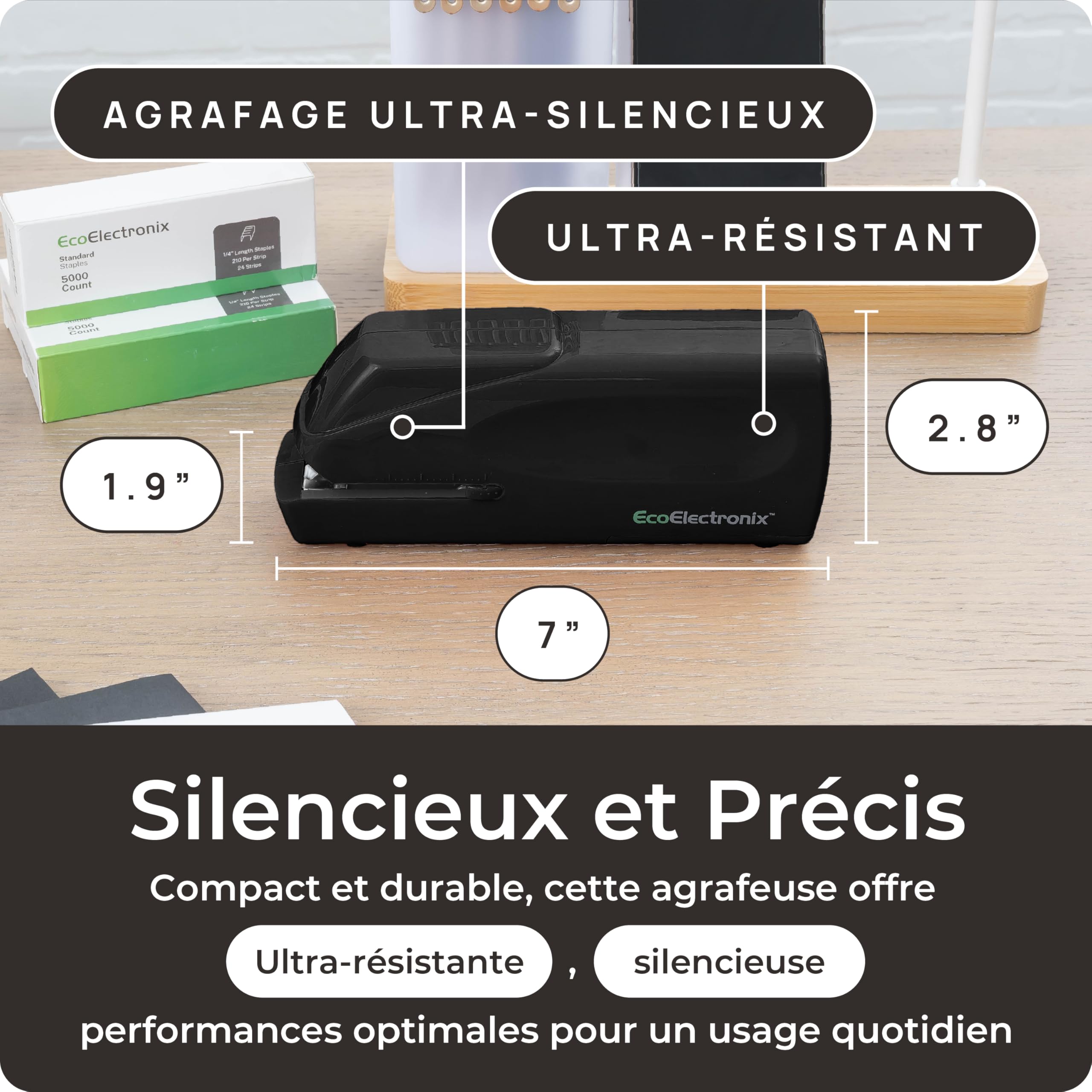 EcoElectronix Agrafeuse électrique automatique portable – Capacité de 30 feuilles, fonctionnement silencieux, sans bourrage et recharge facile – Adaptateur secteur/alimentation par piles (Noir)