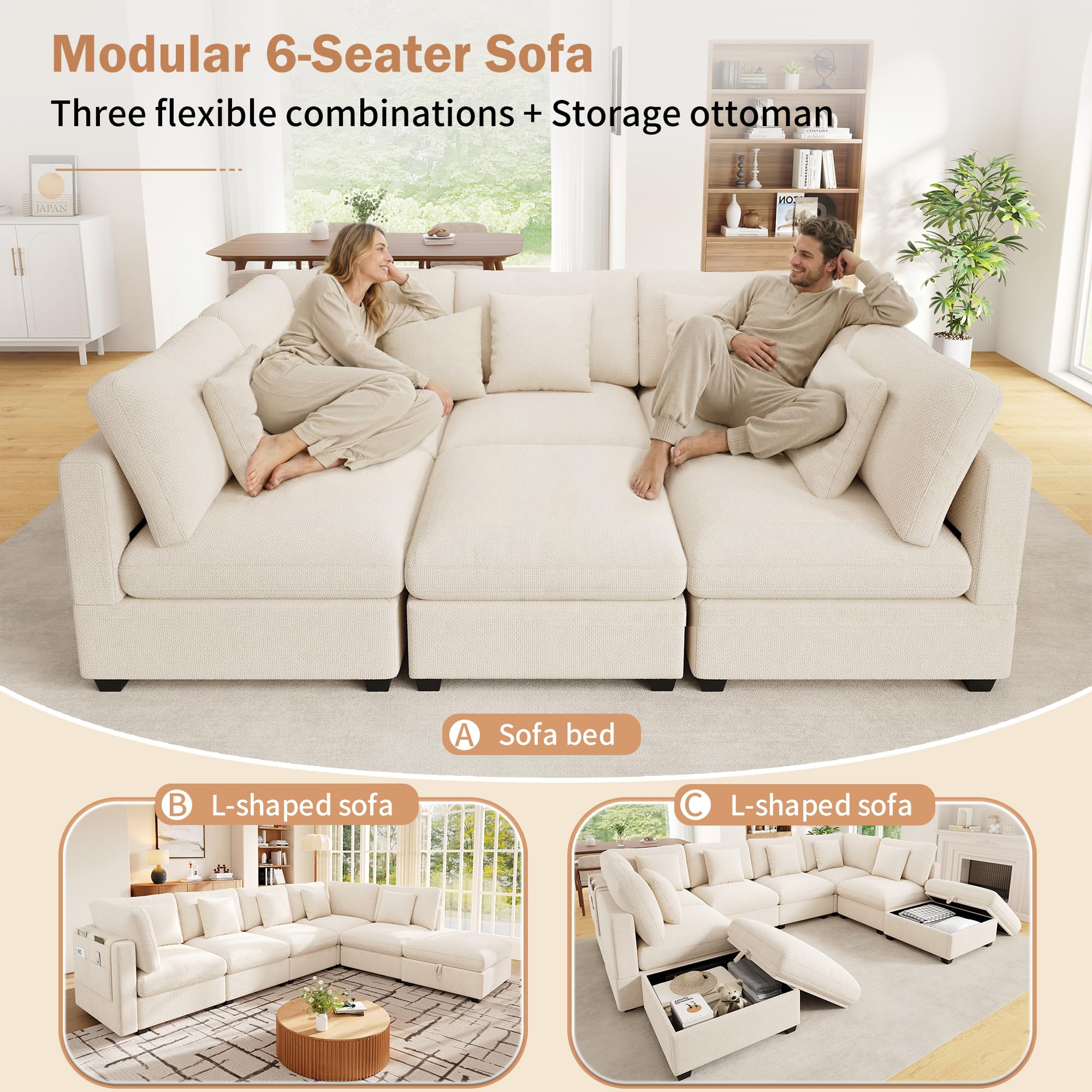 Idemon Sofá esquinero XXL en forma de L, sofá modular de 6 plazas con función de descanso, reposapiés móvil con espacio de almacenamiento y bolsillos laterales, incluye 5 cojines decorativos; tela de