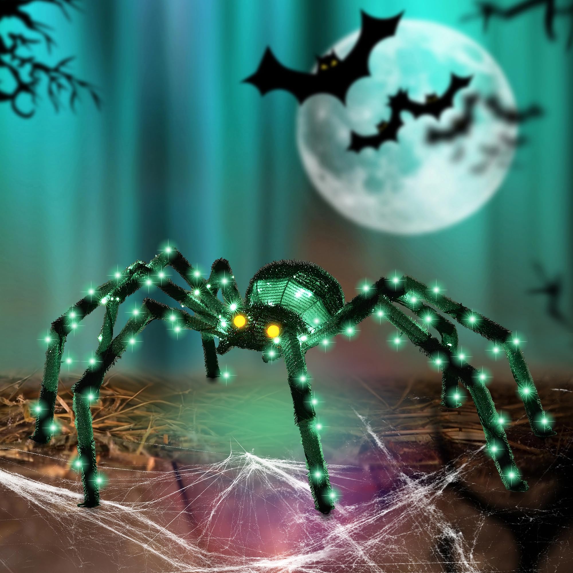Gigantyczny pająk, dekoracje na Halloween, na zewnątrz, 132 cm, świecący pająk z 90 diodami LED, na podwórko, werandę, do ogrodu, trawnika, na imprezę halloweenową (zielony)