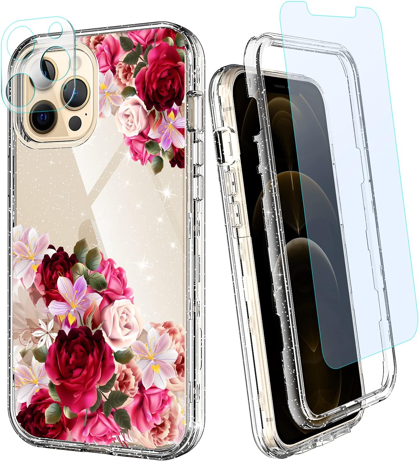 ACKETBOX for iPhone 12 Pro Max Case with Screen Protector and Camera Protective Film，PC Back Case + Front Cover and TPU Full Body Protective Cover for iPhone 12 6.7 inch 2020 (Flowers)