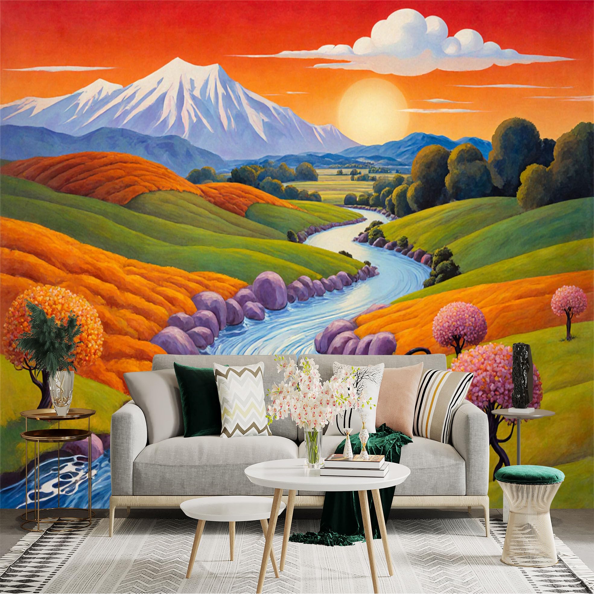 Custom Size Wall Sticker Mural， Colorful Landscape with River， Mountains， Sunset and Blooming Trees， for wall Decoration， peelandstick wall Decals.