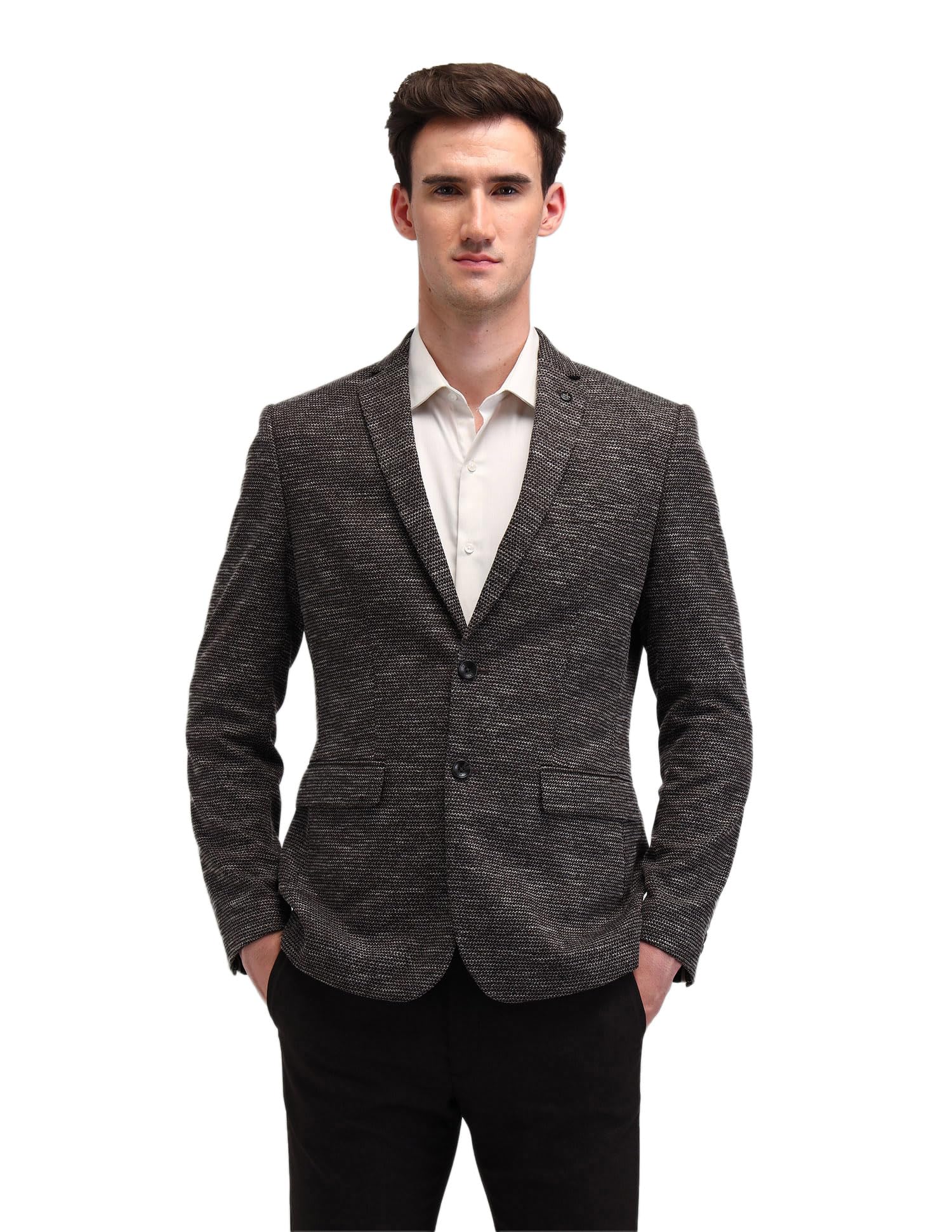 Mens Brown Self-Design Notch Collar Long Sleeve Formal Polyester Slim Fit Blazer