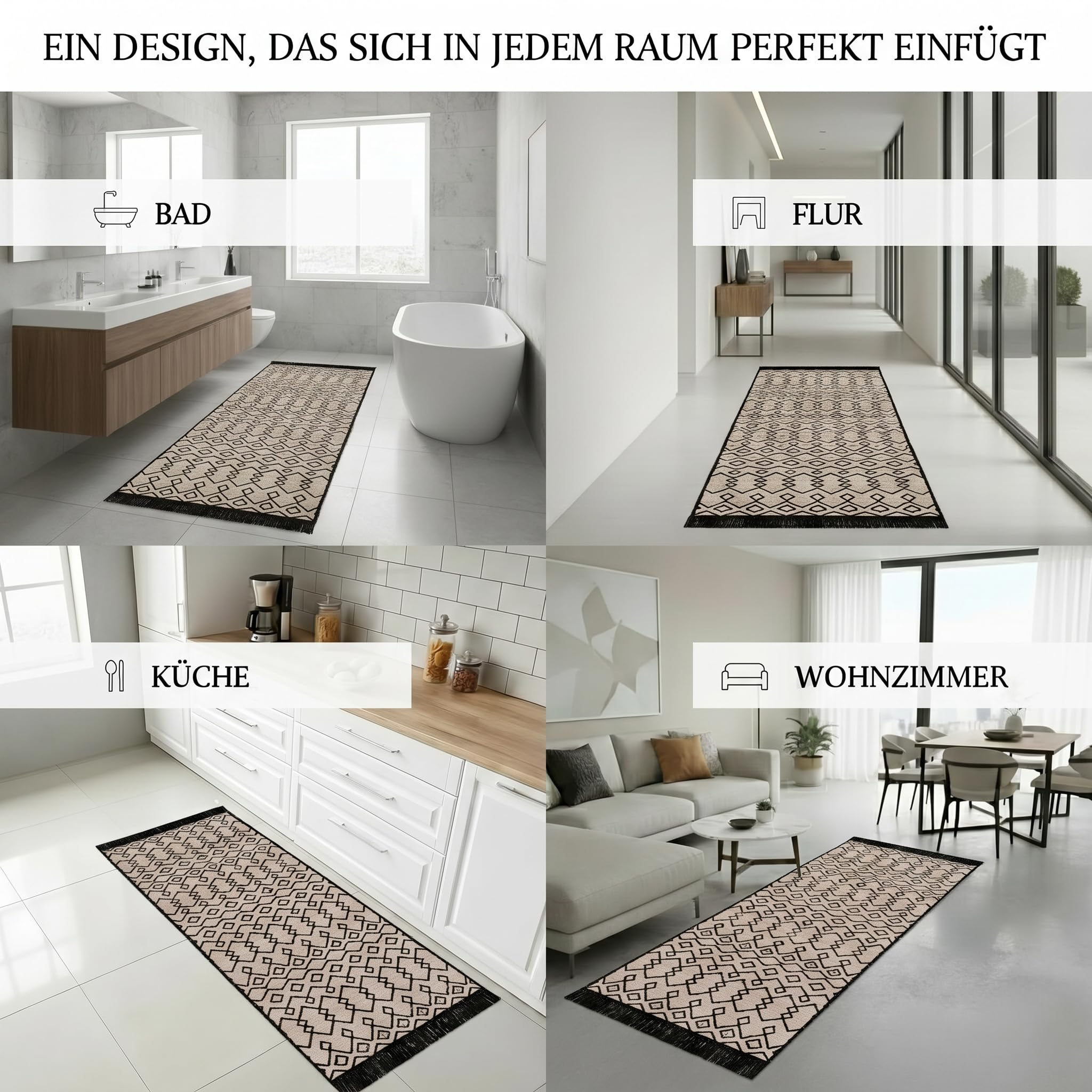 Jimri Teppich Läufer - Tepiche für Wohnzimmer, Schlafzimmer, Küche, Kinderzimmer, Badezimmer - Boho Kelim - Läufer Flur, Schwarz-Beige, Größe: 160x230 cm