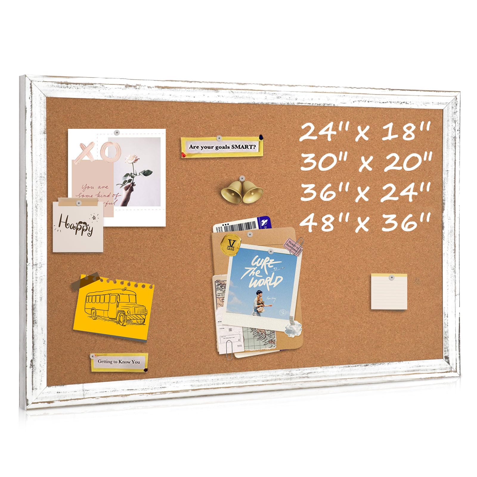 Cork Board Bulletin Board, 36" x 24" Corkboard for Wall, Rustic White Wooden Frame, Hanging Pin Board for Home & Office Decor, 10 Push Pins