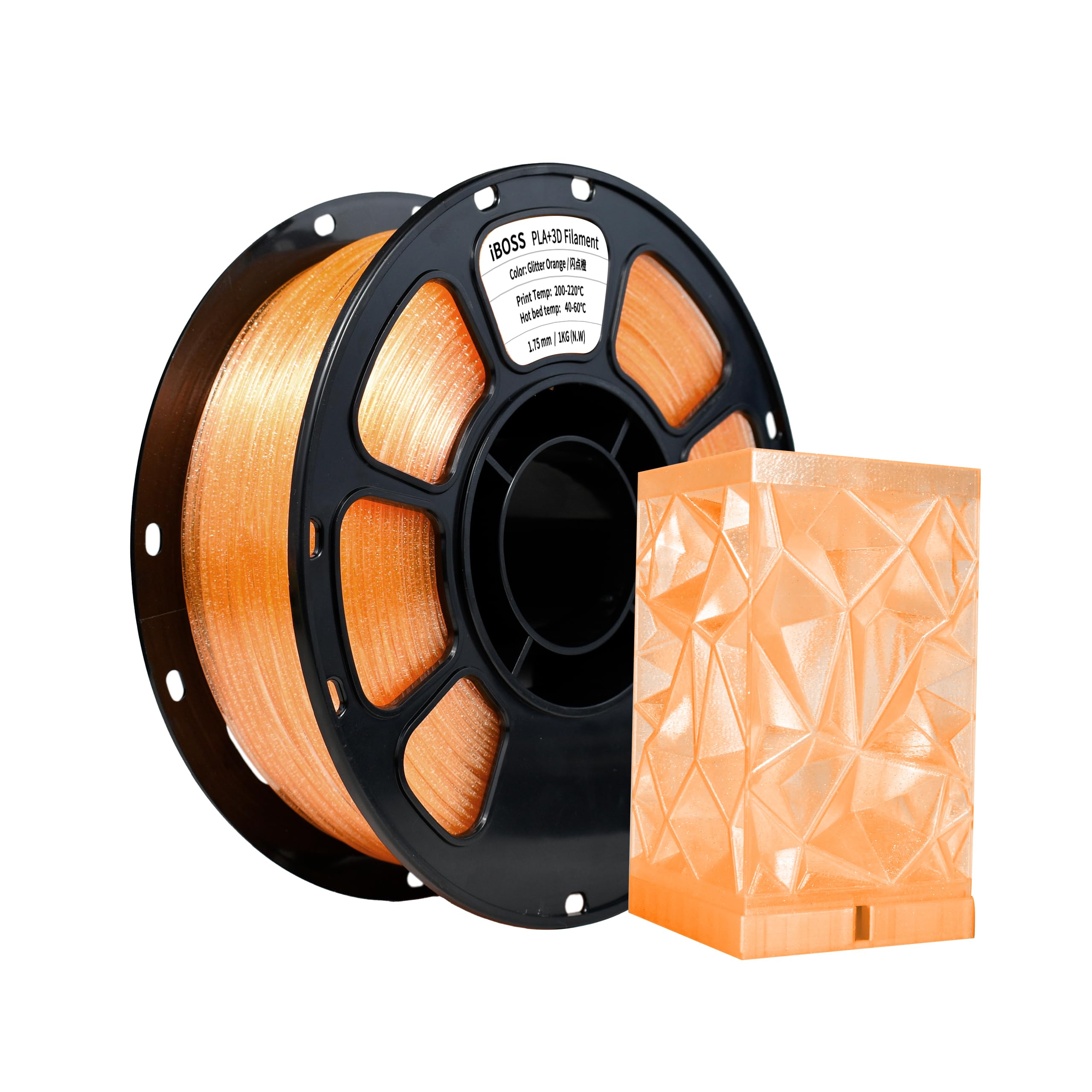 iBOSS PLA Plus Transparent 3D Printer Filament, Transparent Glitter Orange PLA+ Filament 1.75 mm Dimensional Accuracy +/- 0.02mm, Clear 3D Printing Filament 1KG Fit Most 3D Printers