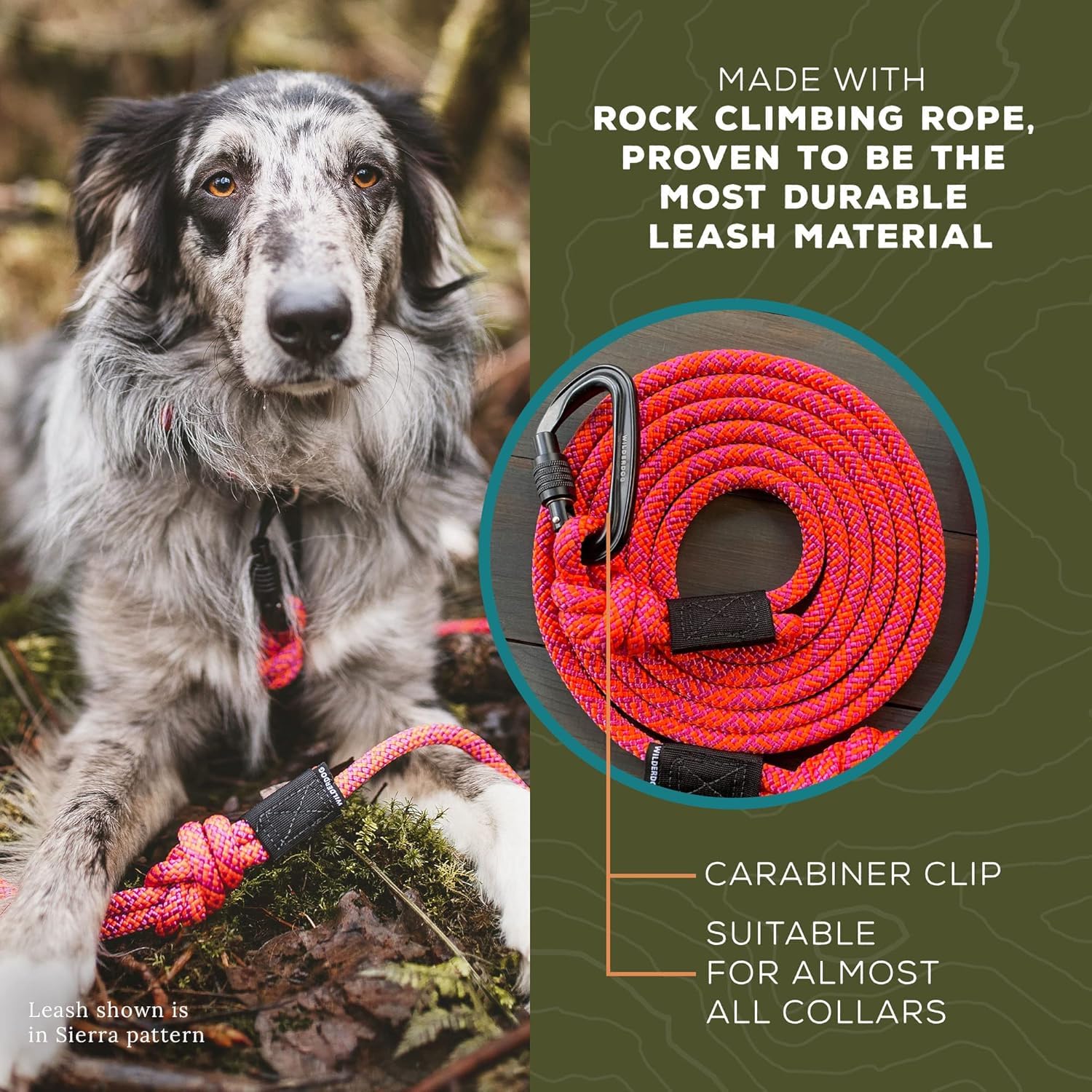 Wilderdog Correa de cuerda de escalada con mosquetón para perros medianos y grandes, 10 pies, Sierra