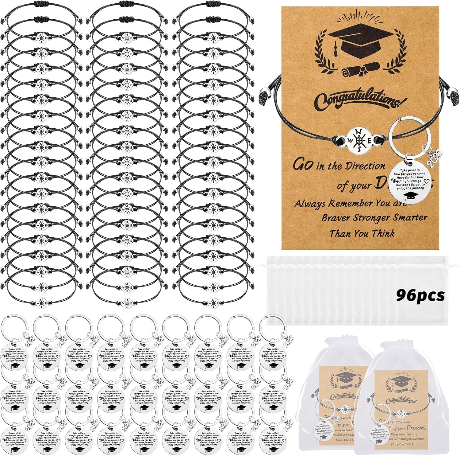 LUYI 48/96 Pcs 2026 Graduation Gift Bulk Set Graduation Adjustable Compass Bracelet Keychain with Card Class of 2026 College High School Graduation Gifts Party Favors for Classmates