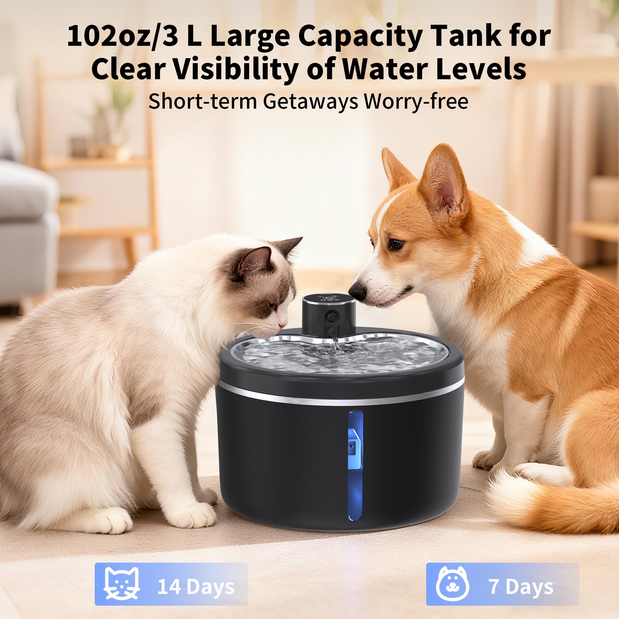 Cat Water Fountain Cordless, 108oz/3L Pet Fountains for Cats Indoor with Stainless Steel Tray, Battery Operated Cat Drinking Fountain with Motion Sensor, Ultra Quiet Pump (Cat Fountain+8Filters) - image 5