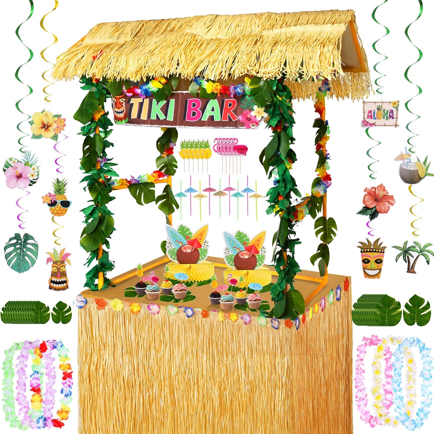 Auihiay Abundant Tiki Bar Hut Kit, Portable Outdoor Tiki Bar Decor with Hawaiian Leis, hanging swirl decoration, Roof, Banner, Luau Party Supplies for Tropical Themed Pool Beach Hawaiian Parties