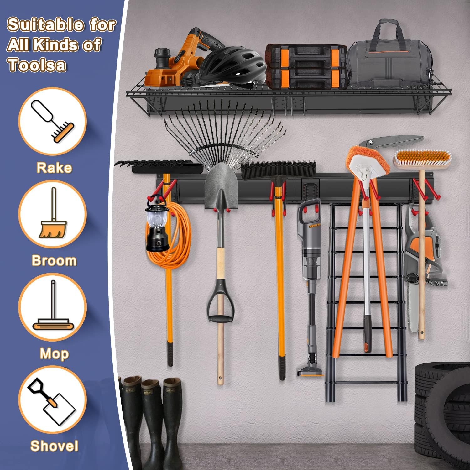 MARVOWARE Garage Storage Organizer Wall Mount Garage Organization Shelves System Tool Racks Heavy Duty 360lbs with 2-Size Hooks and 48" Racks : Tools & Home Improvement