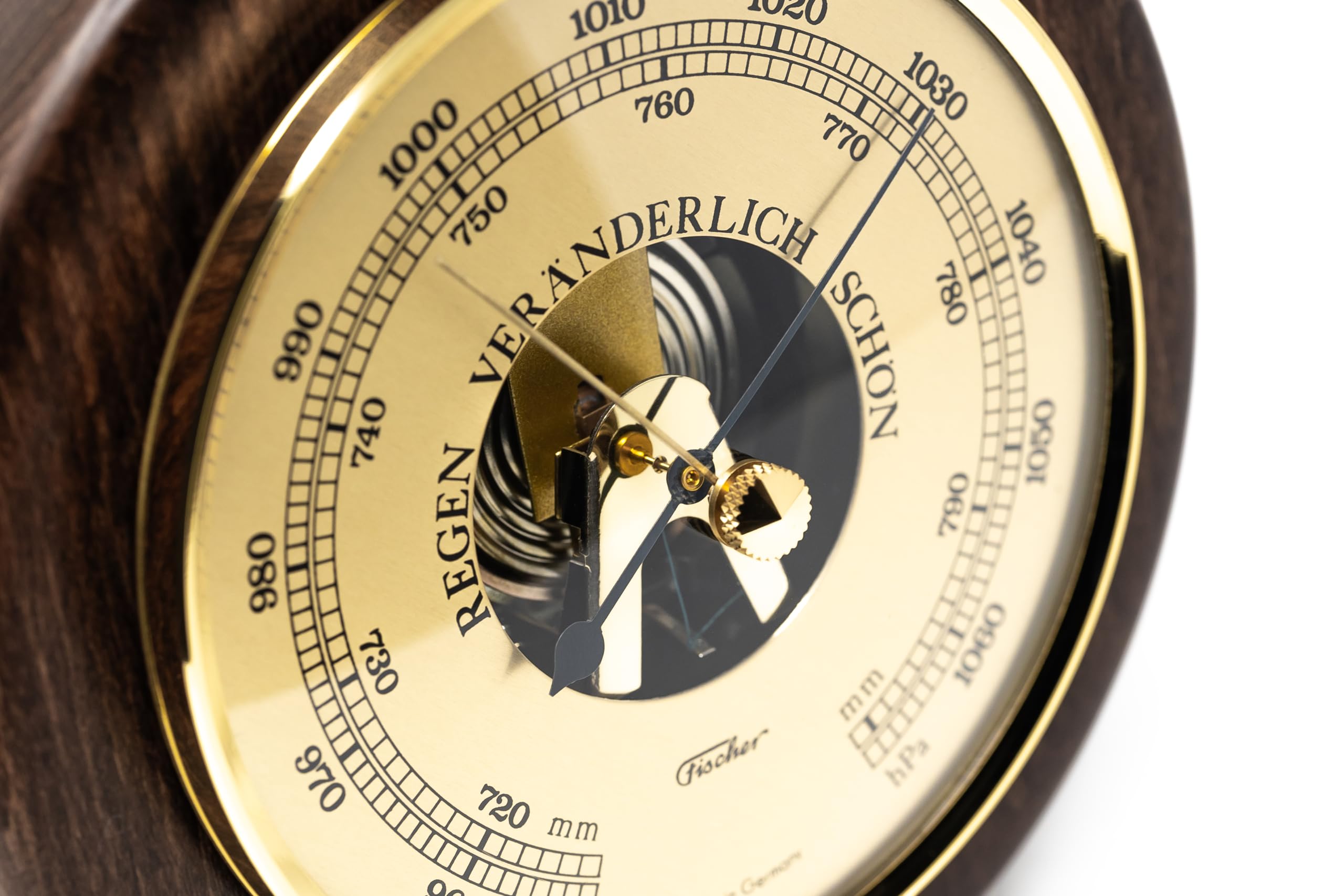 Fischer 1366R-12 Barometer - 140 mm Druckmessgerät mit Echtholz-Gehäuse nussbaumfarben gebeizt - Made in Germany