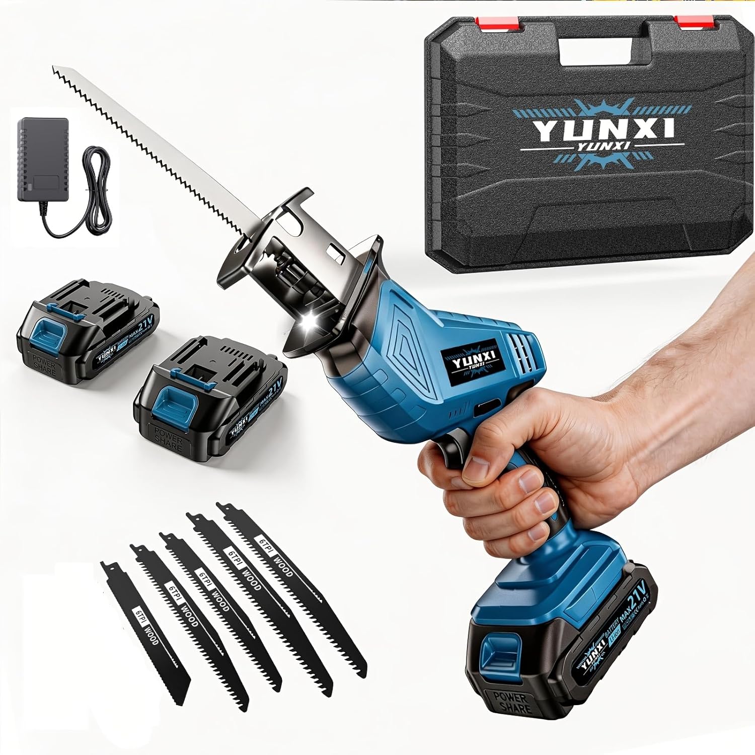 New Electric Reciprocating Saw, Easy to Operate, with Safety Protection Function, Ergonomic Grip, Suitable for Cutting Trees ((Blue) 2 batteries+accessory toolbox)