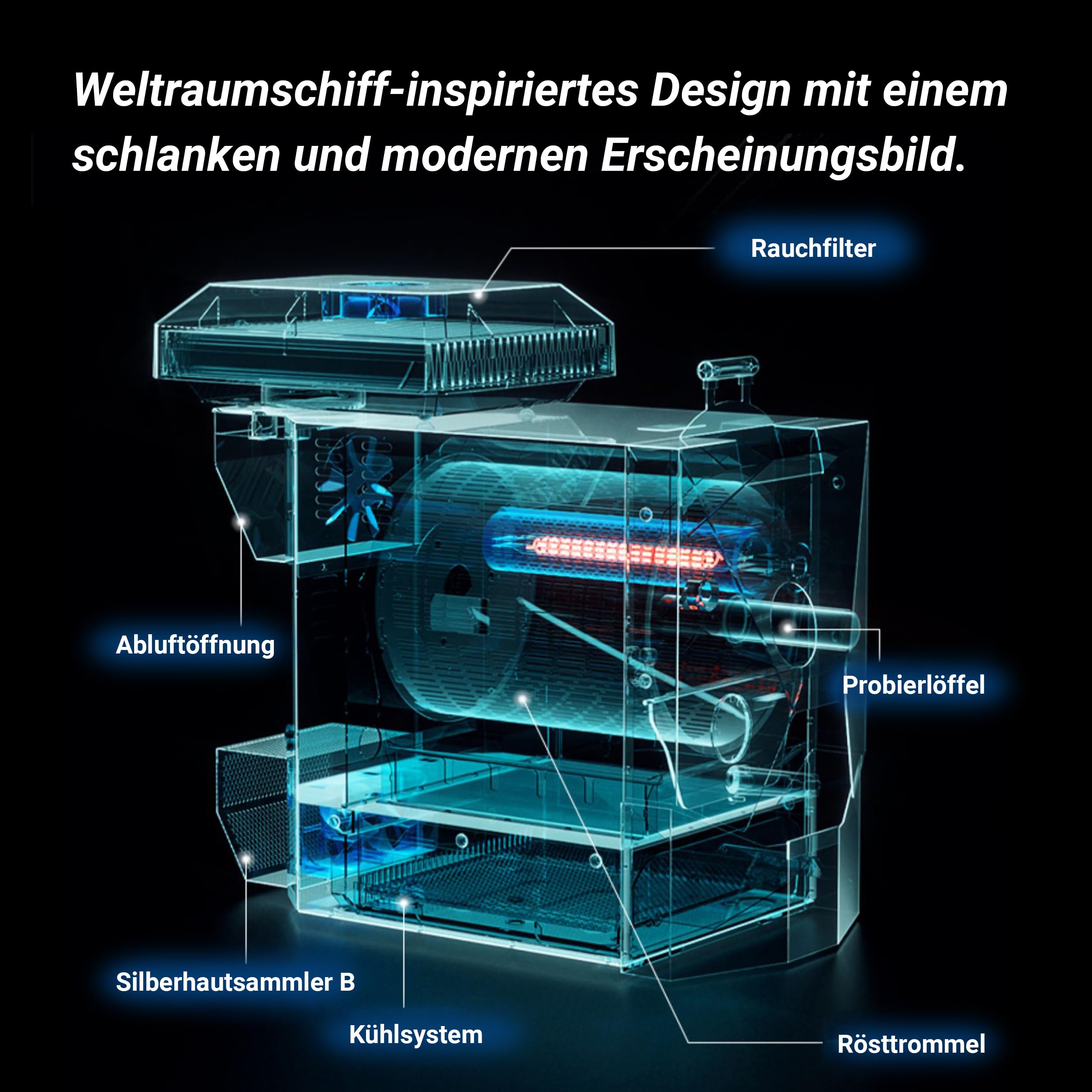 500g Elektrische Kaffeeröstmaschine – Ideal für den Heimgebrauch. Ausgestattet mit intelligenter Automatik, 9 voreingestellten Röstprofilen, manuellem Modus, Spreuabsaugsystem und Kühlfunktion