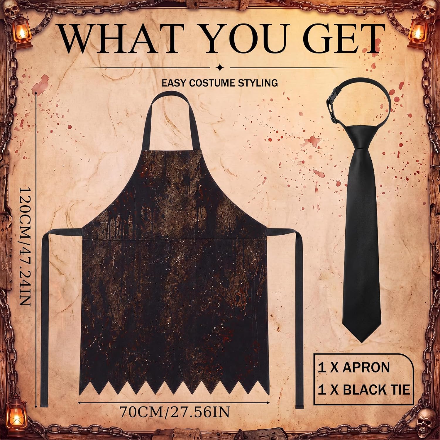 Junkin 2 Pcs Halloween Butcher Costume Set with Bloody Apron Tie for Men