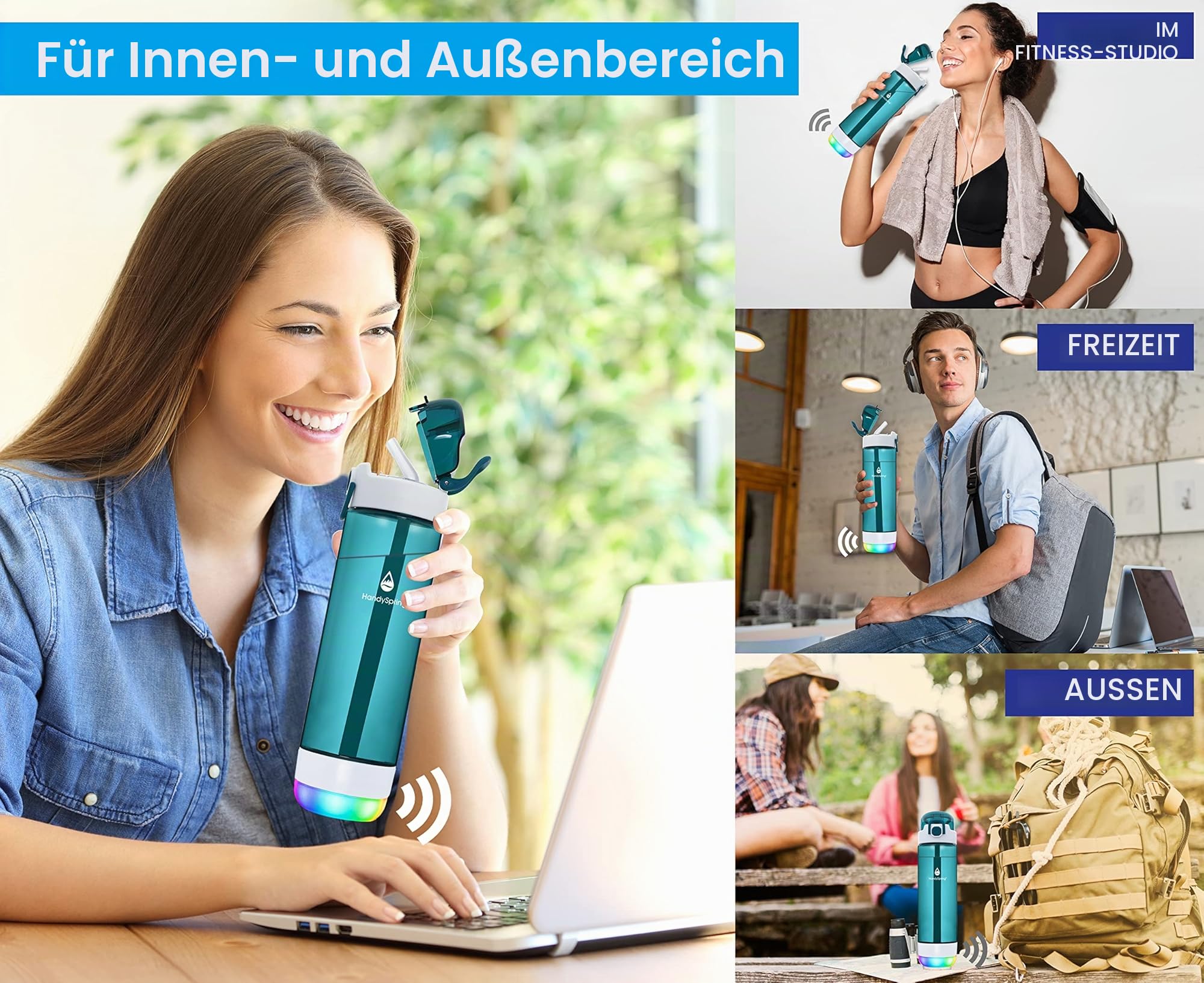 Intelligente Wasserflasche mit Erinnerung, Wasser zu trinken – Lichter und Sound Hydrate Glow Flasche 750 ml, intelligente Trinkerinnerung, motivierende Wasserflasche (grün)