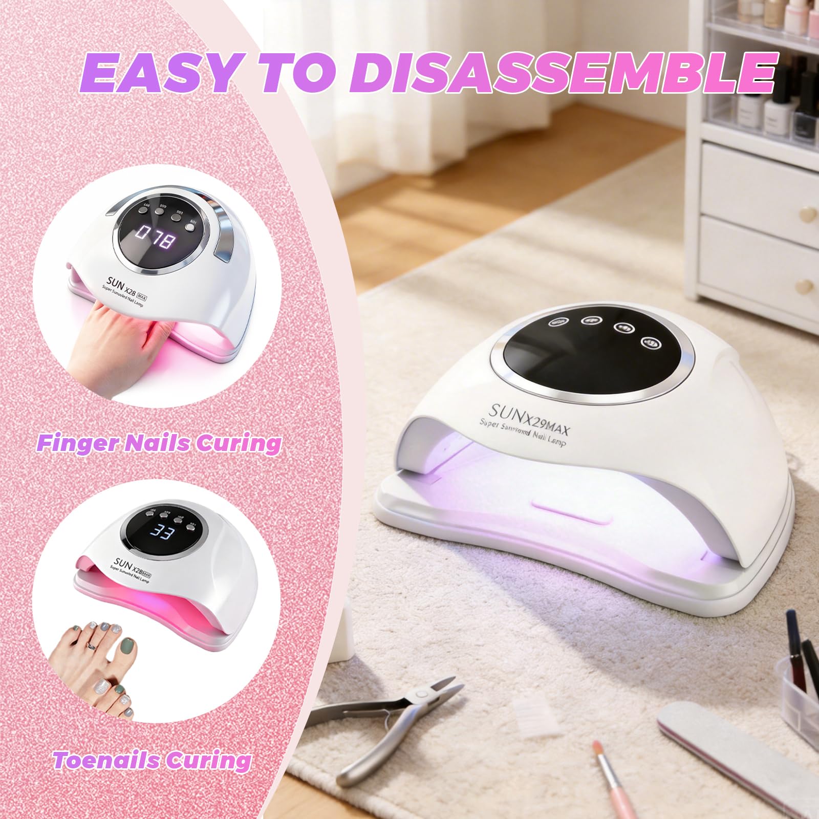 Lampe à ongles UV LED 500 W - 90 perles - Durcissement rapide - 4 minuteries - Capteur automatique - Affichage LCD - Base amovible - Séchoir à ongles pour manucure et pédicure (X29)