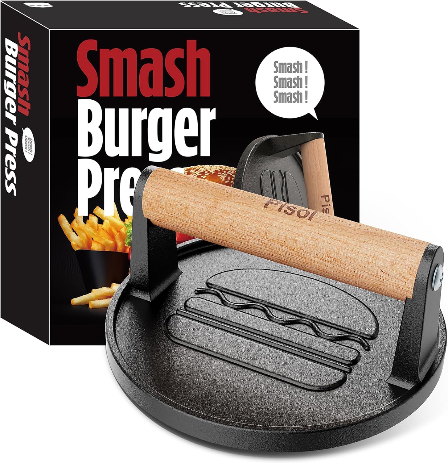 Product image of Pisol Smash Burger Press, Pre-Seasoned Cast Iron Hamburger Smasher, 2 lb Heavy-Duty Grill Bacon Meat Press Tool with Wood Handle, 6.6”