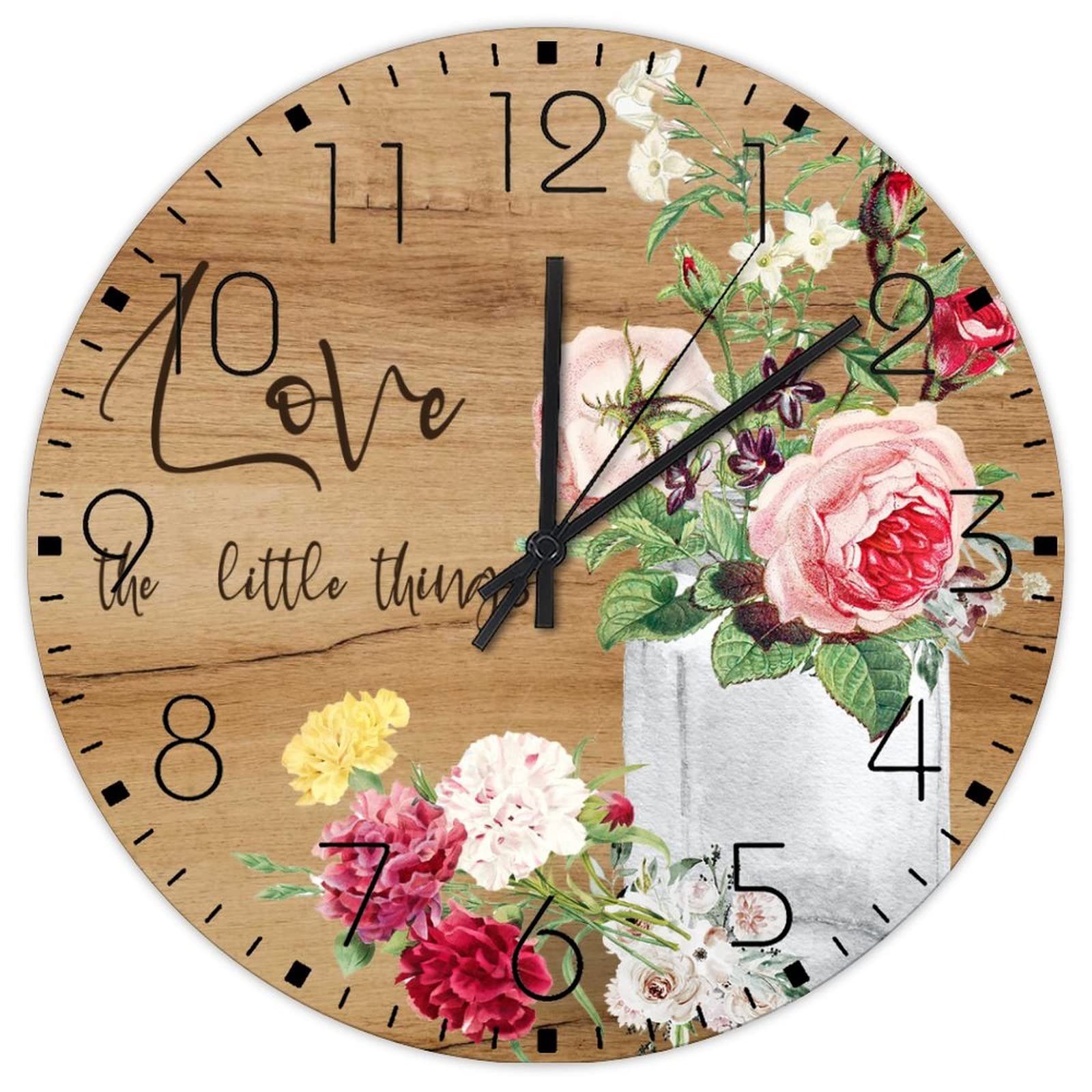 Horloge murale en bois Love The Little Things pendule ronde aquarelle florale 38 cm