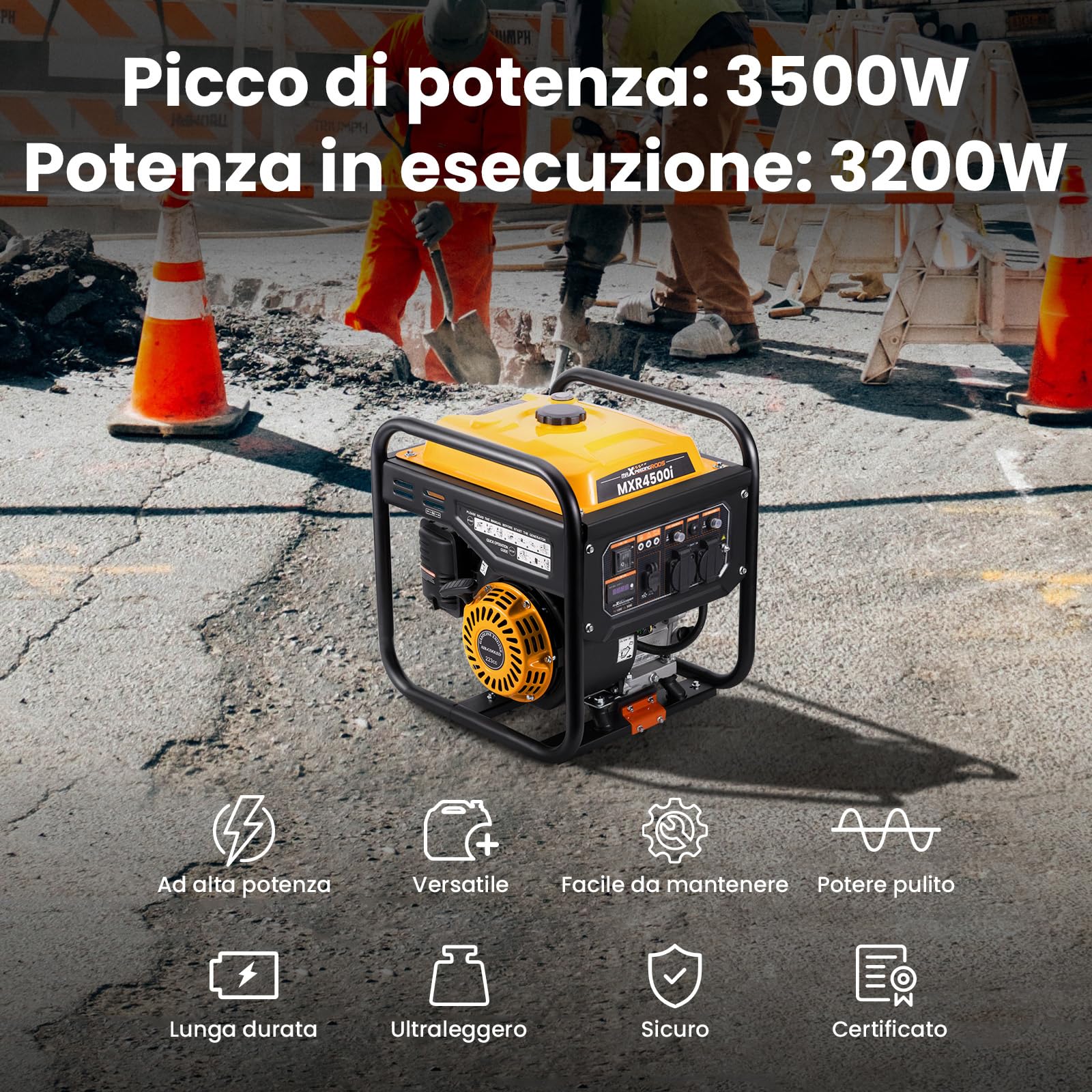 maXpeedingrods Generatore di Corrente Inverter Portatile 3500W Benzina 4 tempi con 2 prese 230V Silenzioso e leggero come generatore di emergenza domestica per Garage Officina Cantiere Camping