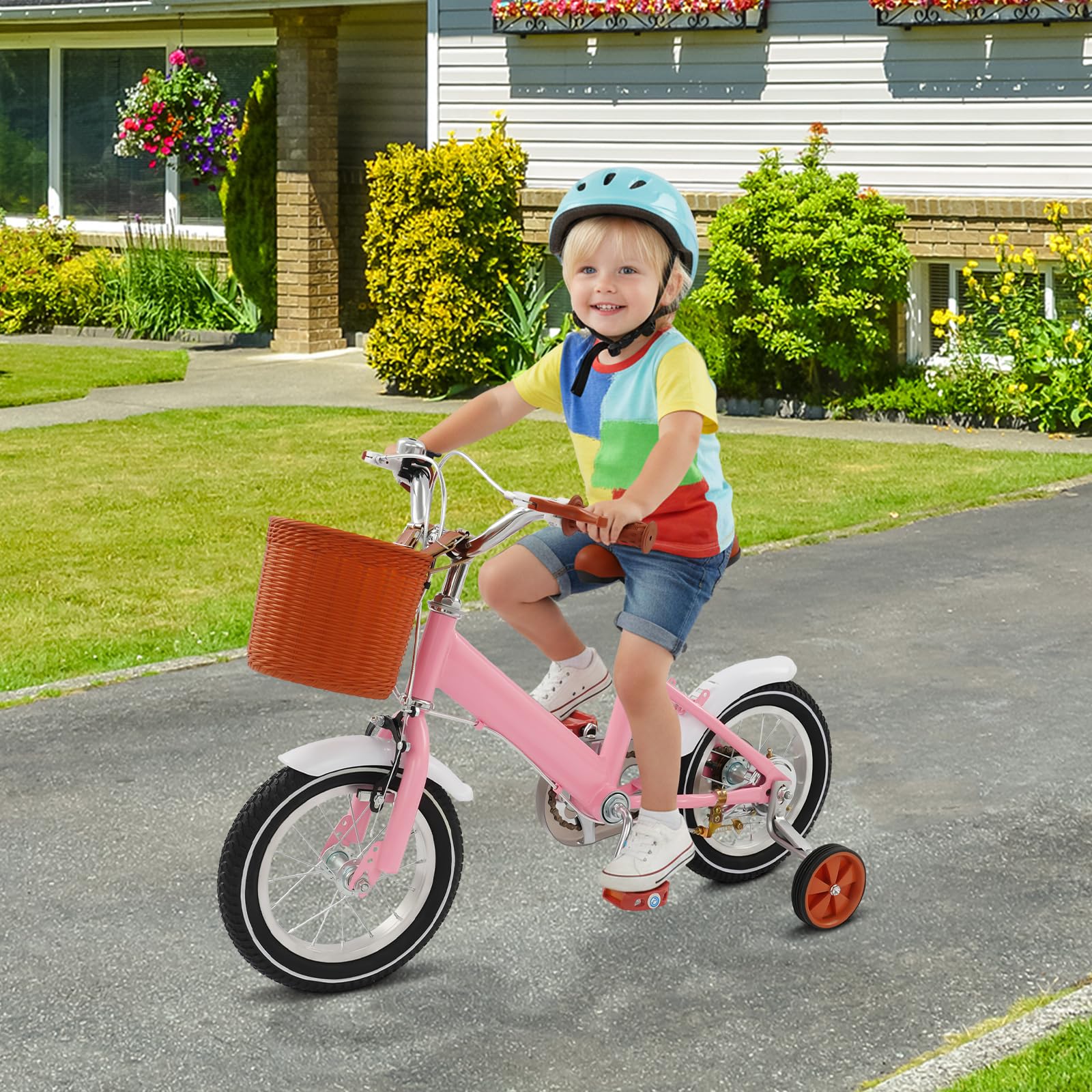 Suggerimento regalo per bambini: bicicletta per bambini da 12 pollici con ruote di supporto – Bicicletta educativa regolabile in altezza per bambini dai 2 anni in su con cestino e campanello (rosa)