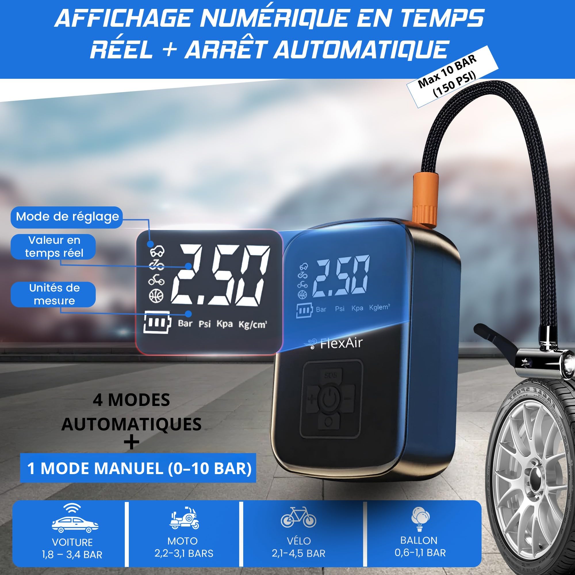 FLEXAIR – Gonfleur Pneus Voiture & Pompe Vélo Électrique Rechargeable | Compresseur à Air Portatif sans Fil | Mini Souffleur Puissant pour Ballon, Moto, VTT & Accessoires de Gonflage