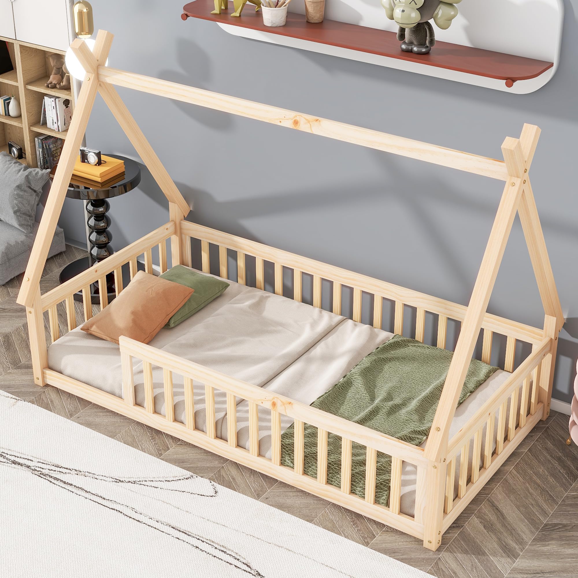 PVWIIK Twin Floor Bed with Safety Guardrails & Slats,Montessori Floor Bed Slats for Kids Bedroom,Space Saving Design,No Box Spring Needed, Natural