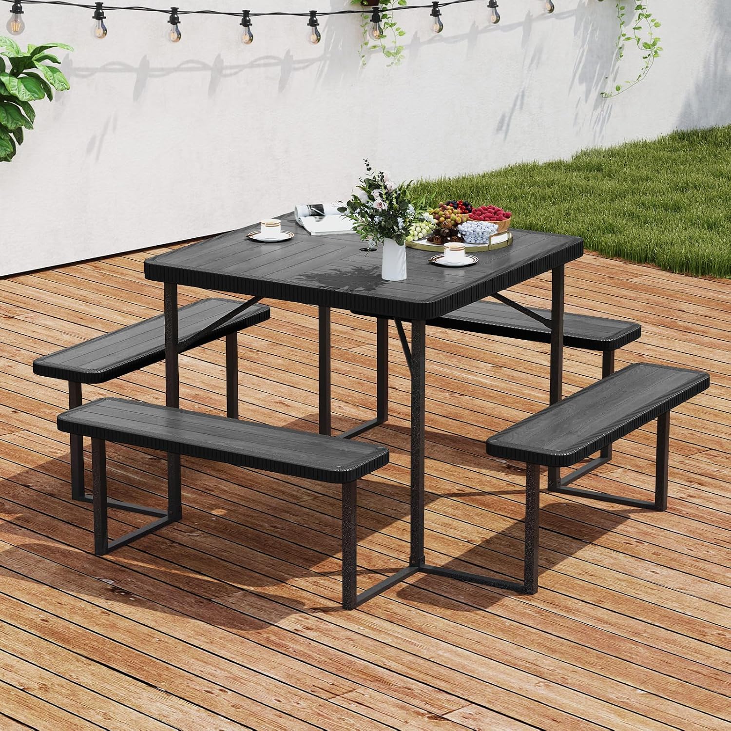 Tangkula 8 Person Picnic Table, HDPE Outdoor Square Table and Bench Set with 4 Built-in Benches, Umbrella Hole, Metal Frame for Garden Yard Patio Lawn