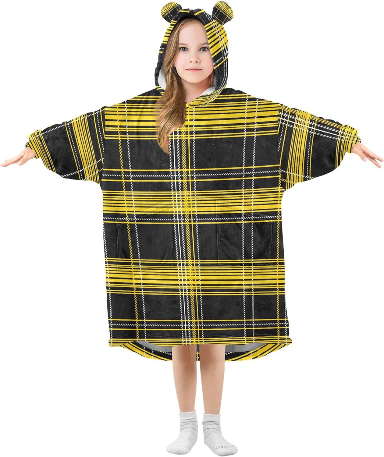 Black and Yellow Buffalo Check Plaid Kids Wearable Blanket Hoodie and Sleeves for Toddlers, Cute Hoodies Girls