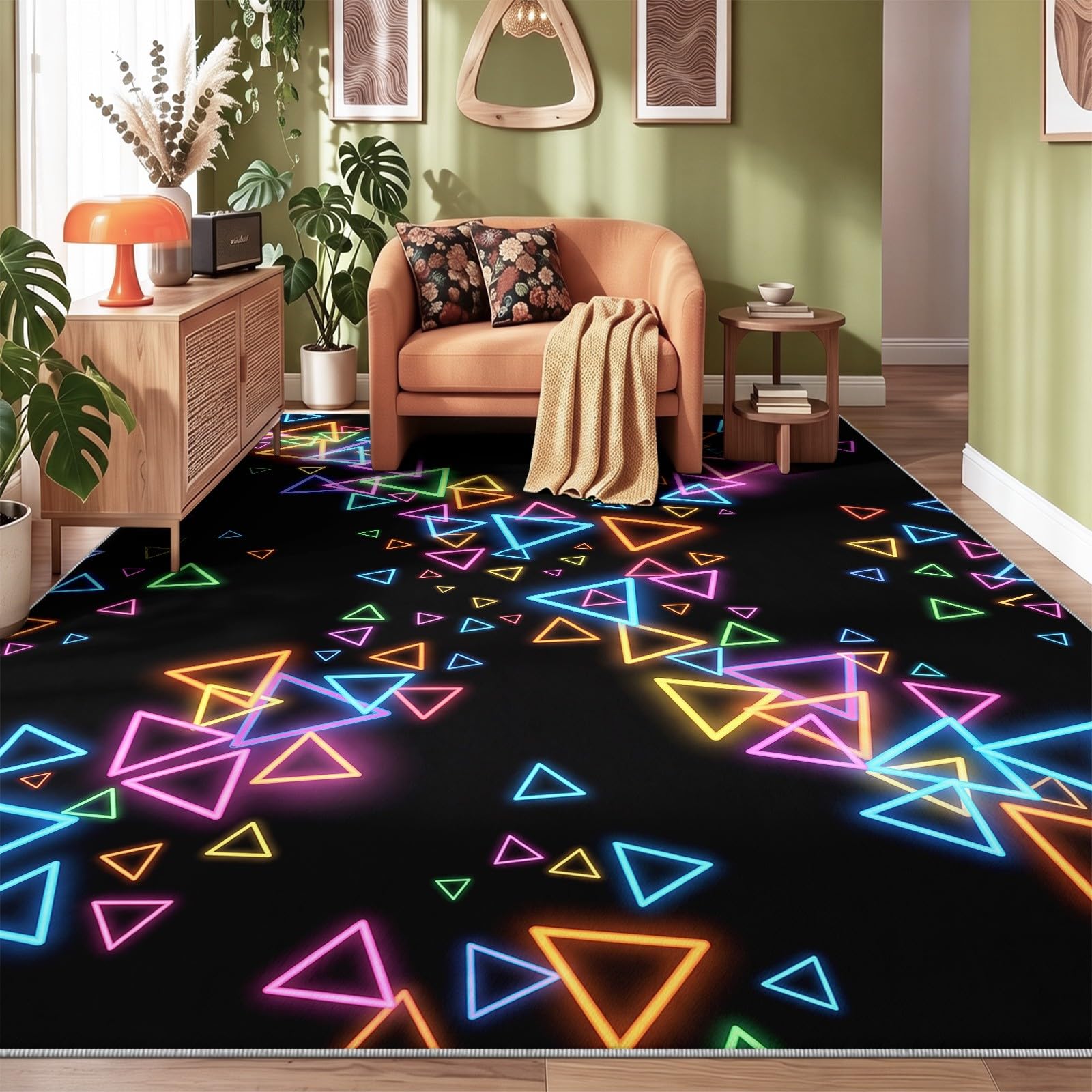 Tapis Gaming Géométrique, Douce Tapis Triangle Néon Saisissant, Décoration Moderne pour Chambre Fußmatte, liable à Poils Ras Facile à Nettoyer Moquette Et Antidérapante (Motif, 140 x 200 cm)
