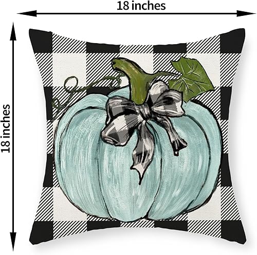 Miniatura 232 de Juego de 2 fundas de almohada de otoño de 18 x 18 pulgadas, hojas de arce de calabaza y búfalo a cuadros, decoración de otoño, de lino, Acción