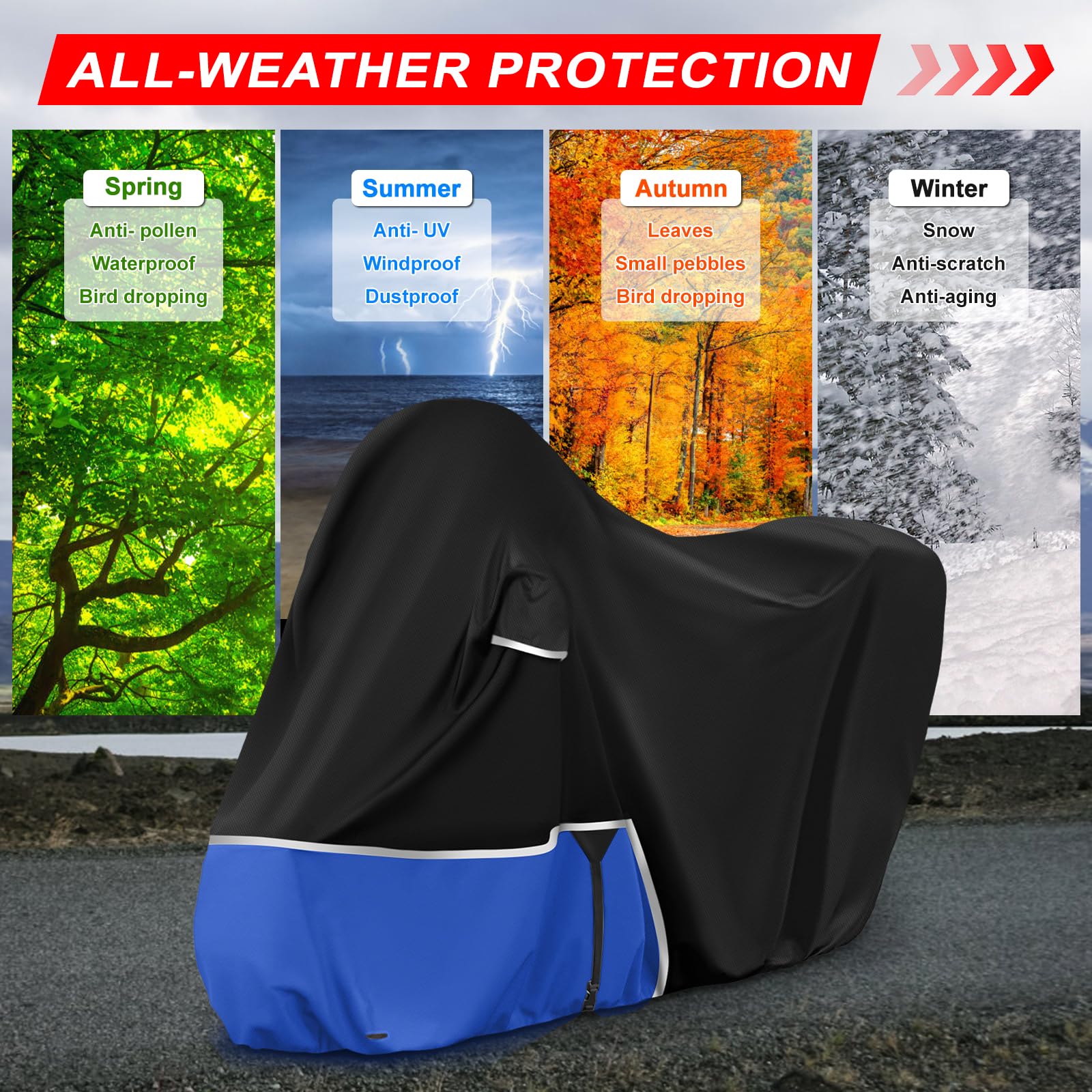 Bâche de Protection Moto, pour Piaggio mp3 400/500 (avec Coffre) | Housse mp3 400 Housse mp3 500 Protection imperméable, résistante à l'hiver, en Tissu Oxford 420D, Noir et Bleu