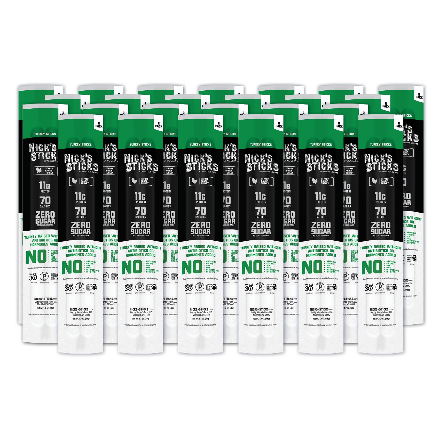 Nick's Sticks Clean & Balanced Free Range Turkey Snack Sticks | Made in the USA | Gluten Free | Paleo, Keto, Whole30 Approved | No Soy, Antibiotics or Hormones (25– 1.7oz. Packs of 2 Sticks)