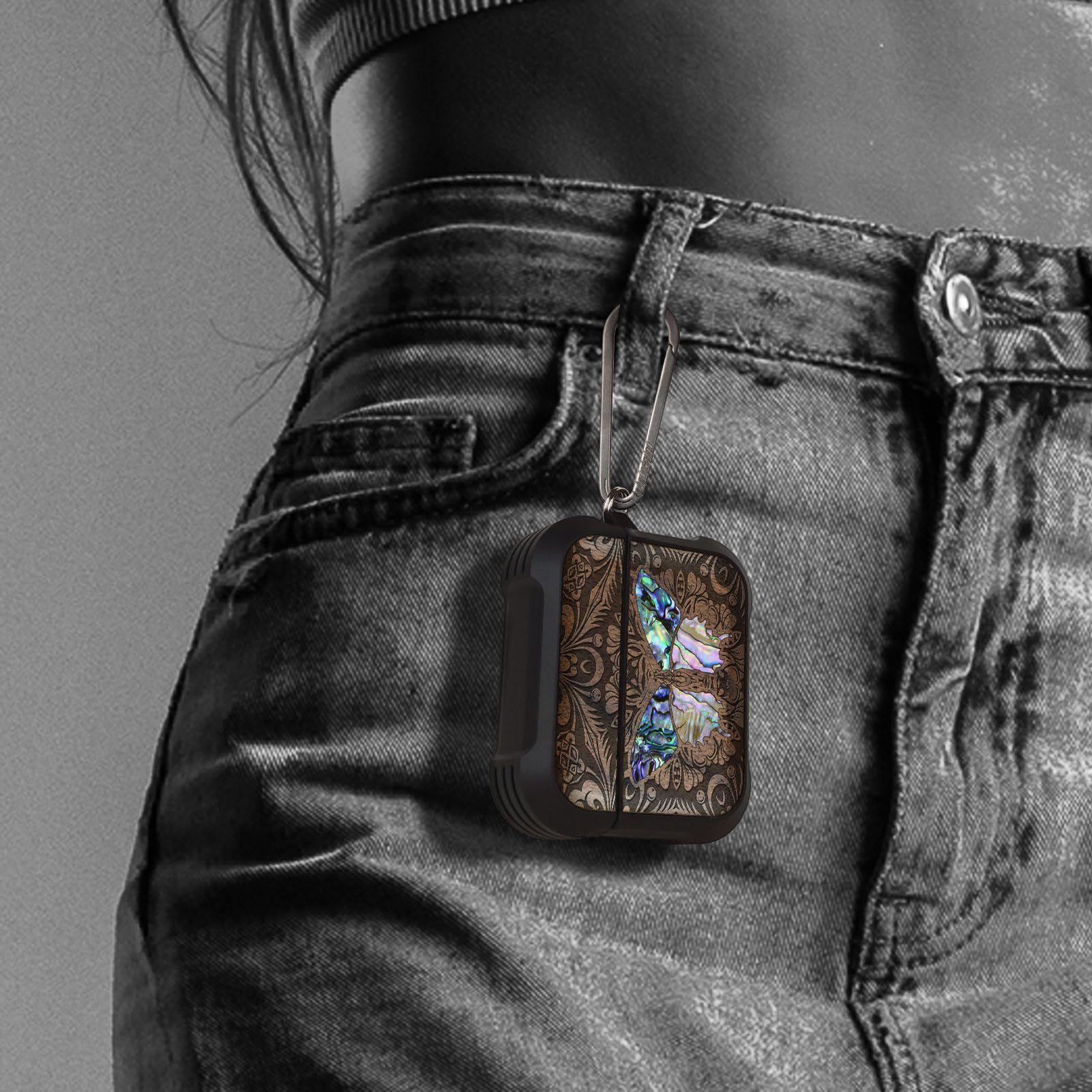 Carveit Etui kompatybilne z AirPods Pro 3 (2025), etui ochronne [grawerunek z drewna i muszla] [tytanowe szybkie zapięcie] do Airpods Pro 3 skóra 2025 etui (motyl z drewna orzechowo-barowego)