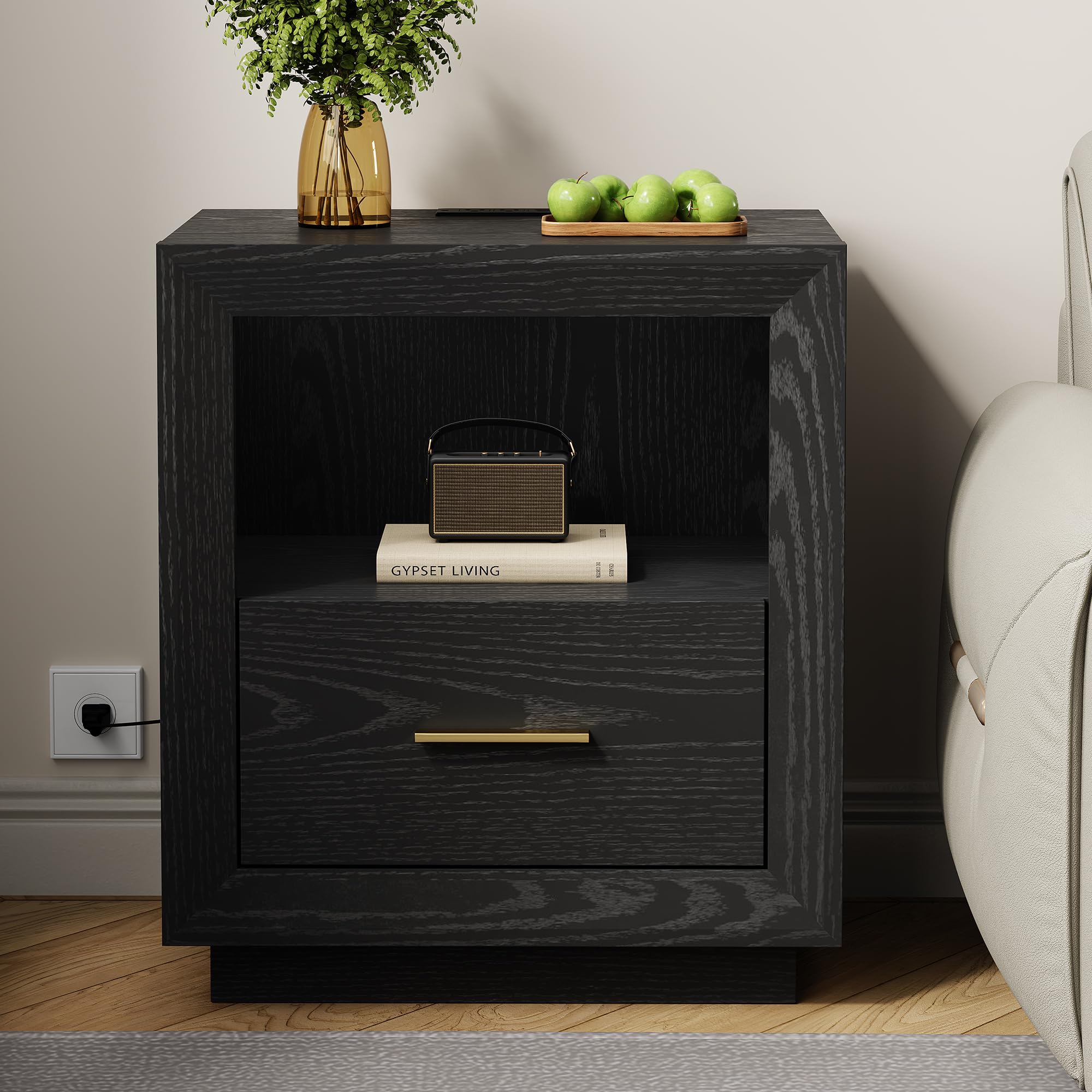 RoyalCraft Nightstand with Charging Station: Bedside Table with Spacious Drawer, 2 Outlets USB Type-C, Drawer Storage Cabinet for Bedroom Dorm, Black