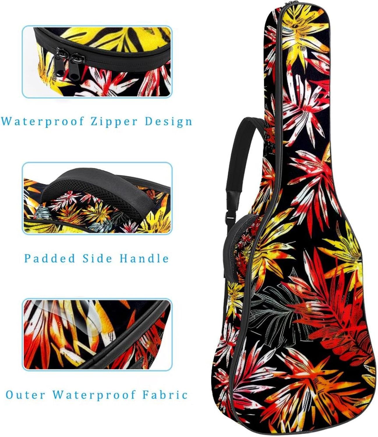 40 41 42 Inch Acoustic Guitar Bag, 0.4 In Thick Sponge Padded Guitar Case Gig Bag with Back Hanger Loop and 2 Pockets, Aesthetic Tropical Pattern Background