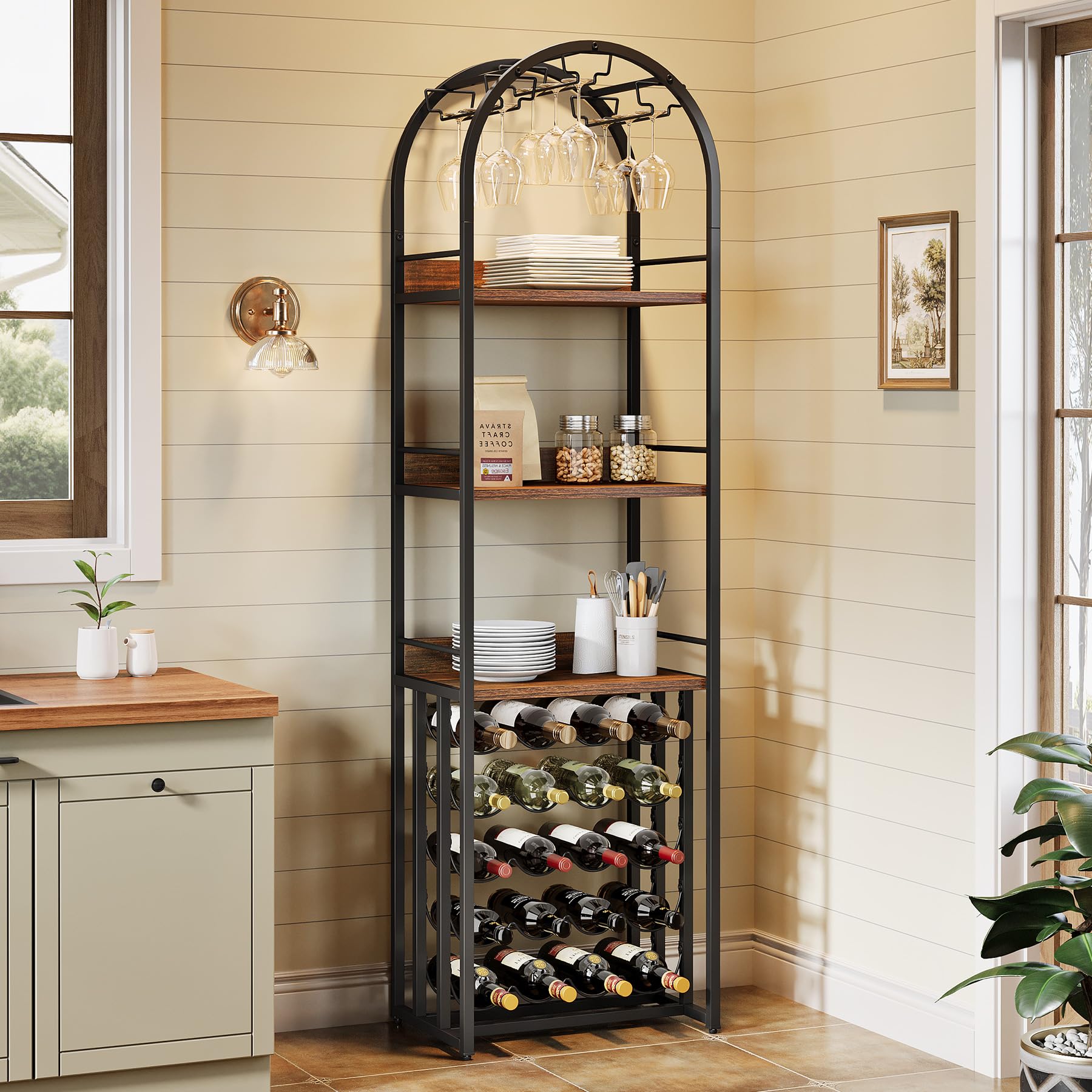 Tribesigns Porte-bouteilles en métal avec support en verre et rangement de vin pour cave, bar et espace de rangement, porte-bouteilles avec plateau de table, 50 x 35 x 180 cm, marron